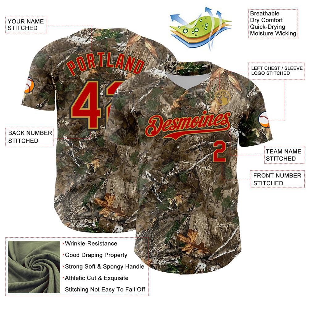 Custom Camo Red Old Gold-Black Woodland Forest Camouflage Authentic Salute To Service Baseball Jersey baseball jersey product view 3