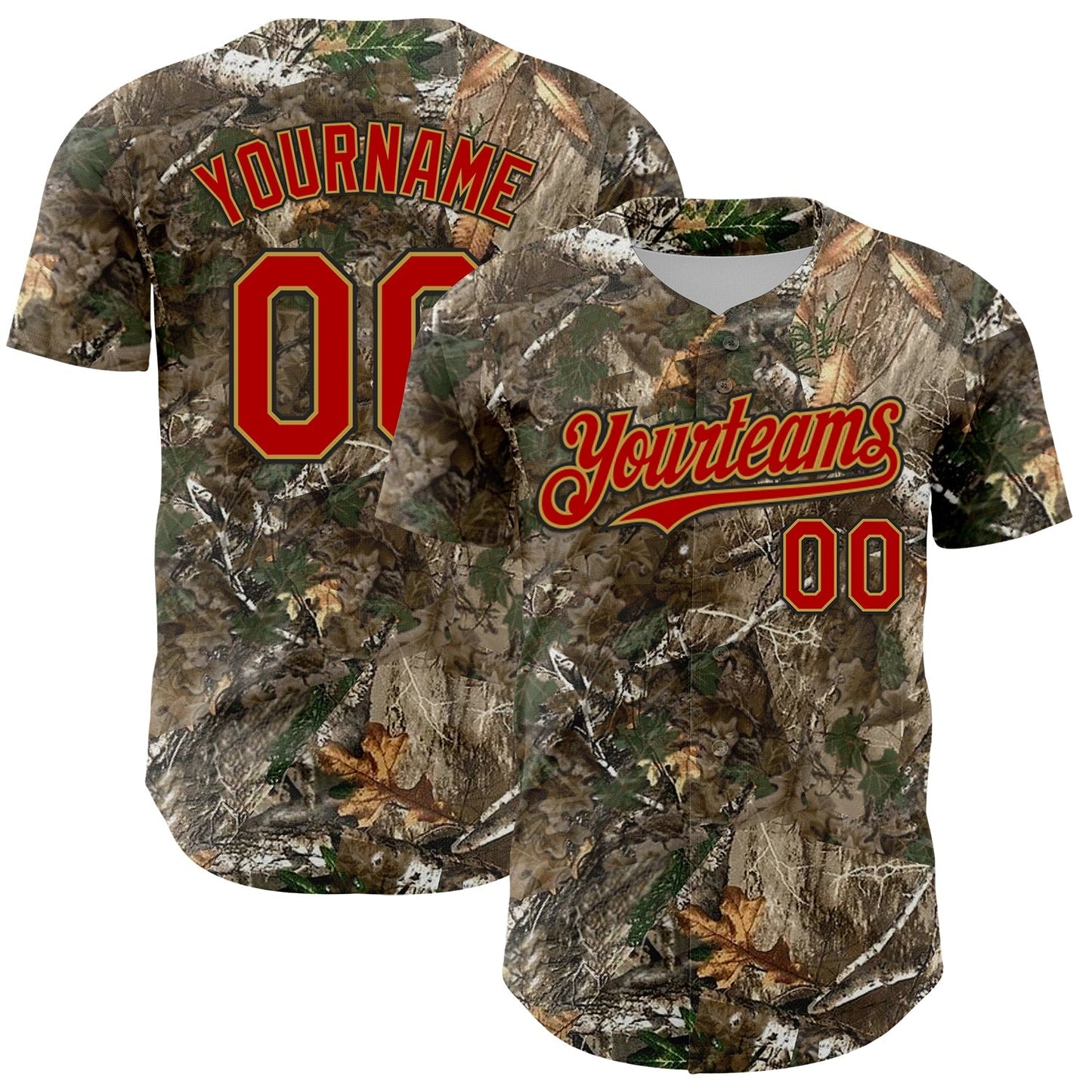 Custom Camo Red Old Gold-Black Woodland Forest Camouflage Authentic Salute To Service Baseball Jersey baseball jersey product view 1