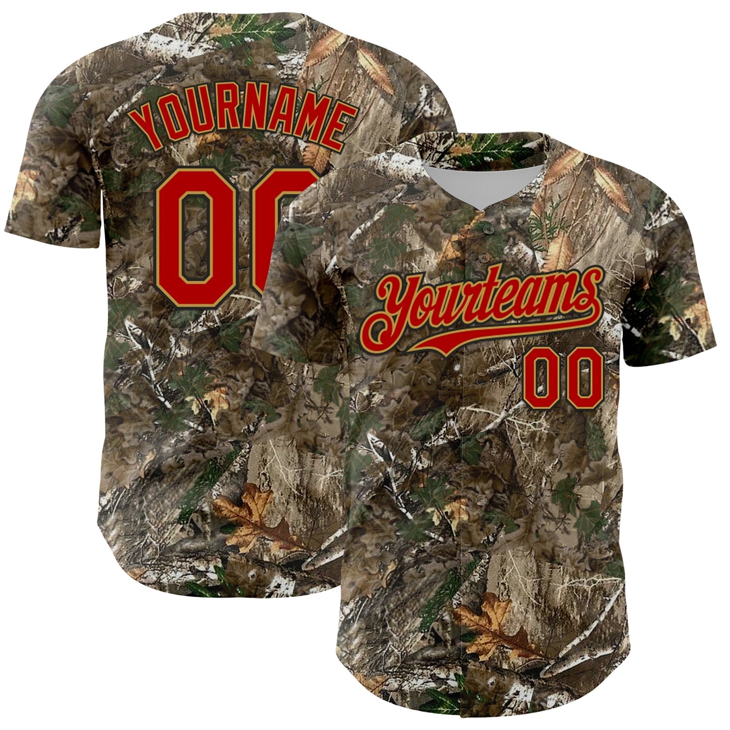 Custom Camo Red Old Gold-Black Woodland Forest Camouflage Authentic Salute To Service Baseball Jersey baseball jersey product view 1