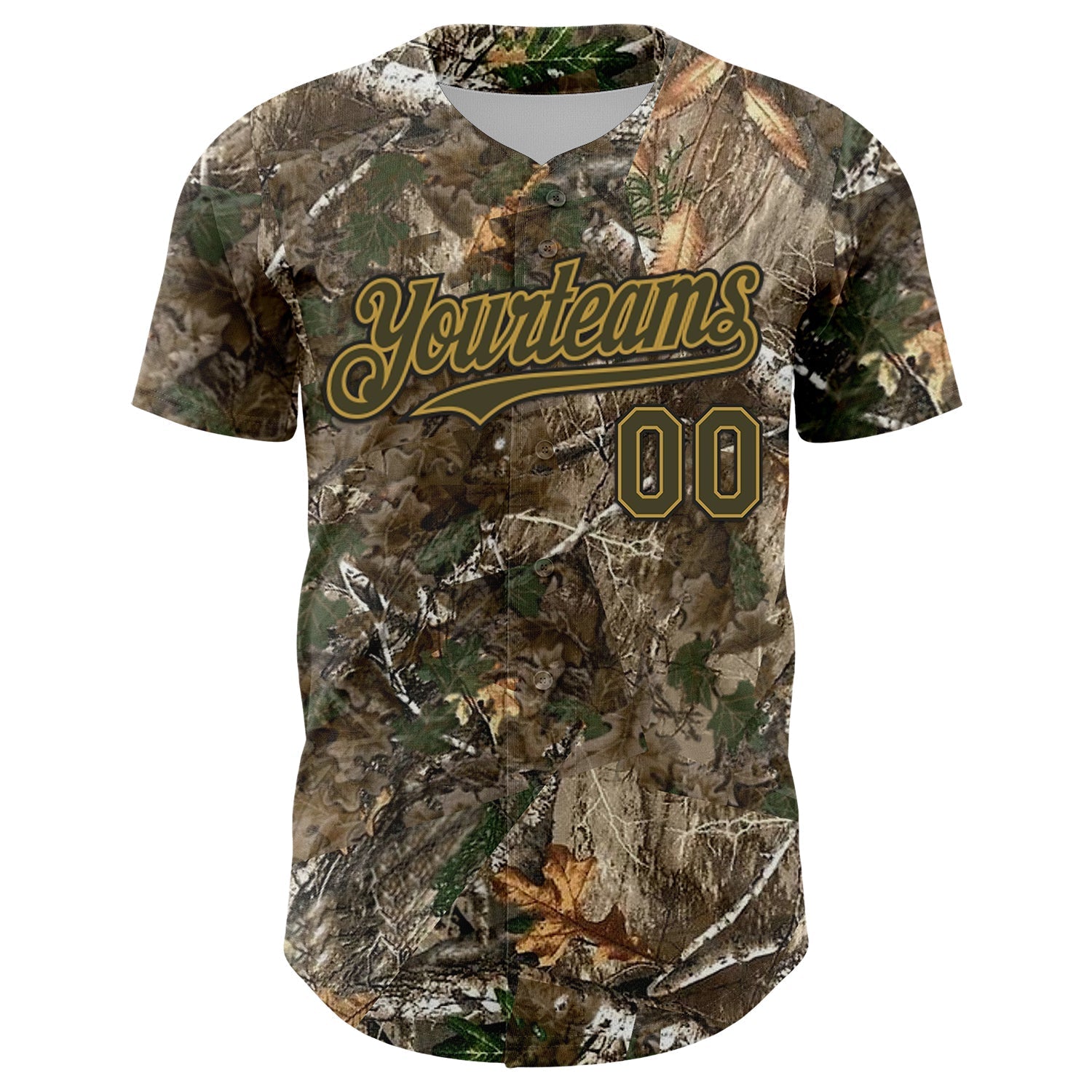 Custom Camo Olive Old Gold-Black Woodland Forest Camouflage Authentic Salute To Service Baseball Jersey baseball jersey product view 2