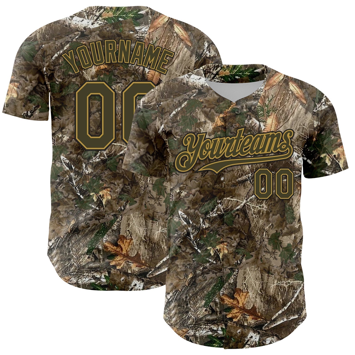 Custom Camo Olive Old Gold-Black Woodland Forest Camouflage Authentic Salute To Service Baseball Jersey baseball jersey product view 1