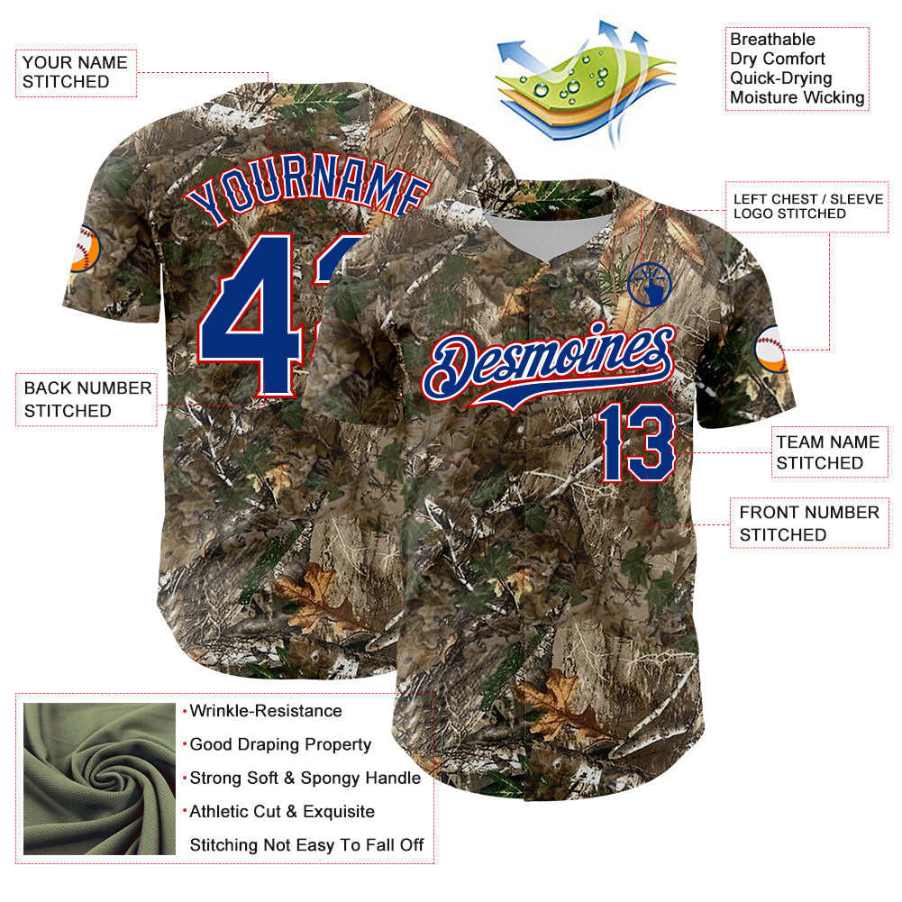 Custom Camo Royal White-Red Woodland Forest Camouflage Authentic Salute To Service Baseball Jersey baseball jersey product view 3