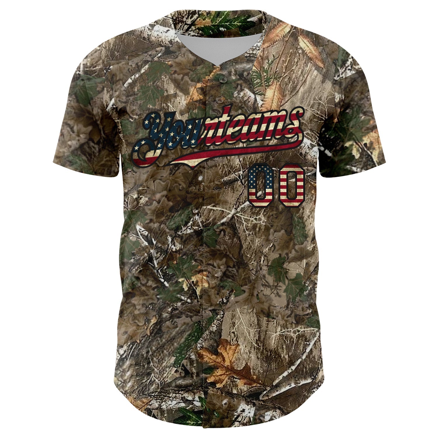 Custom Camo Vintage USA Flag Olive-Black Woodland Forest Camouflage Authentic Salute To Service Baseball Jersey baseball jersey product view 2