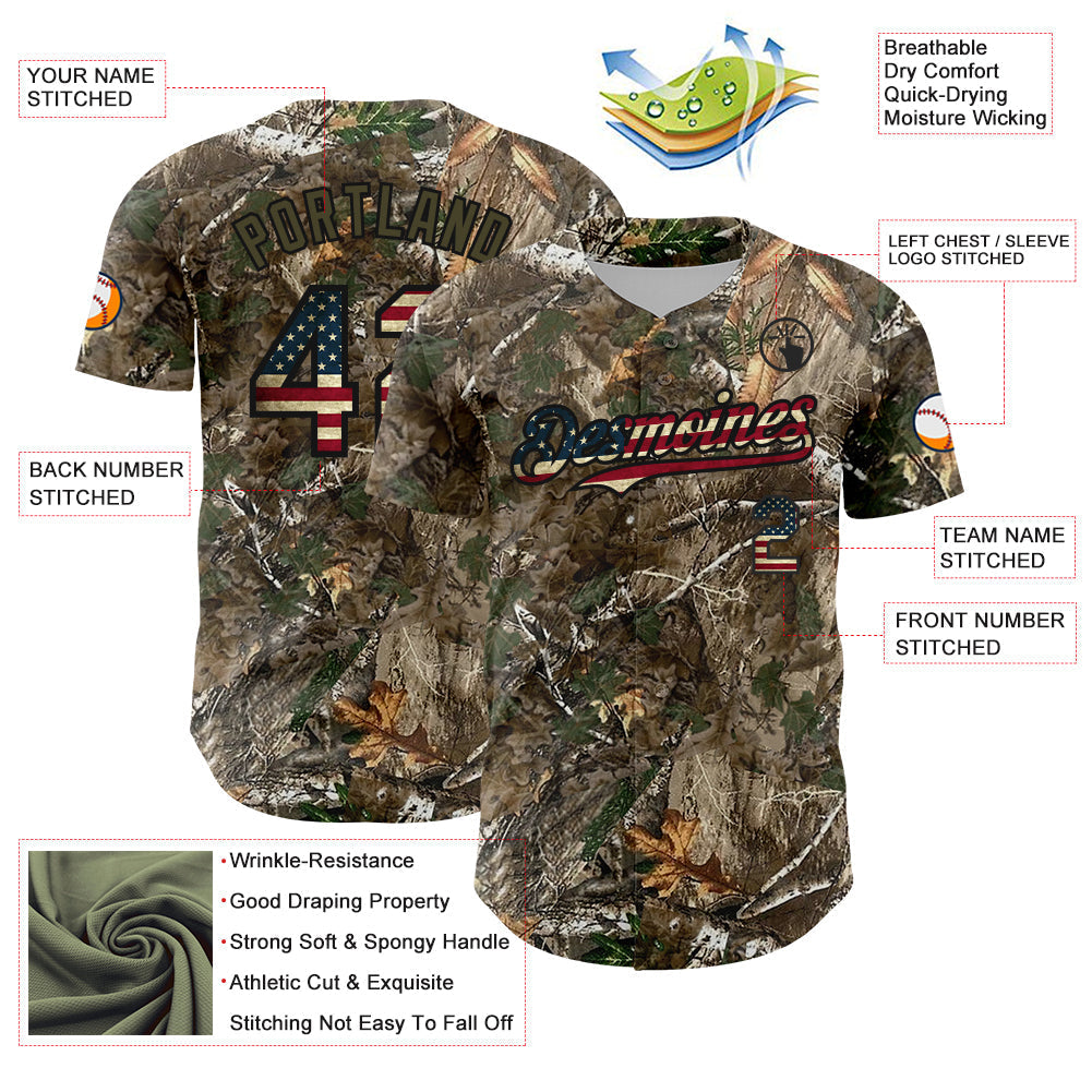 Custom Camo Vintage USA Flag Olive-Black Woodland Forest Camouflage Authentic Salute To Service Baseball Jersey baseball jersey product view 3