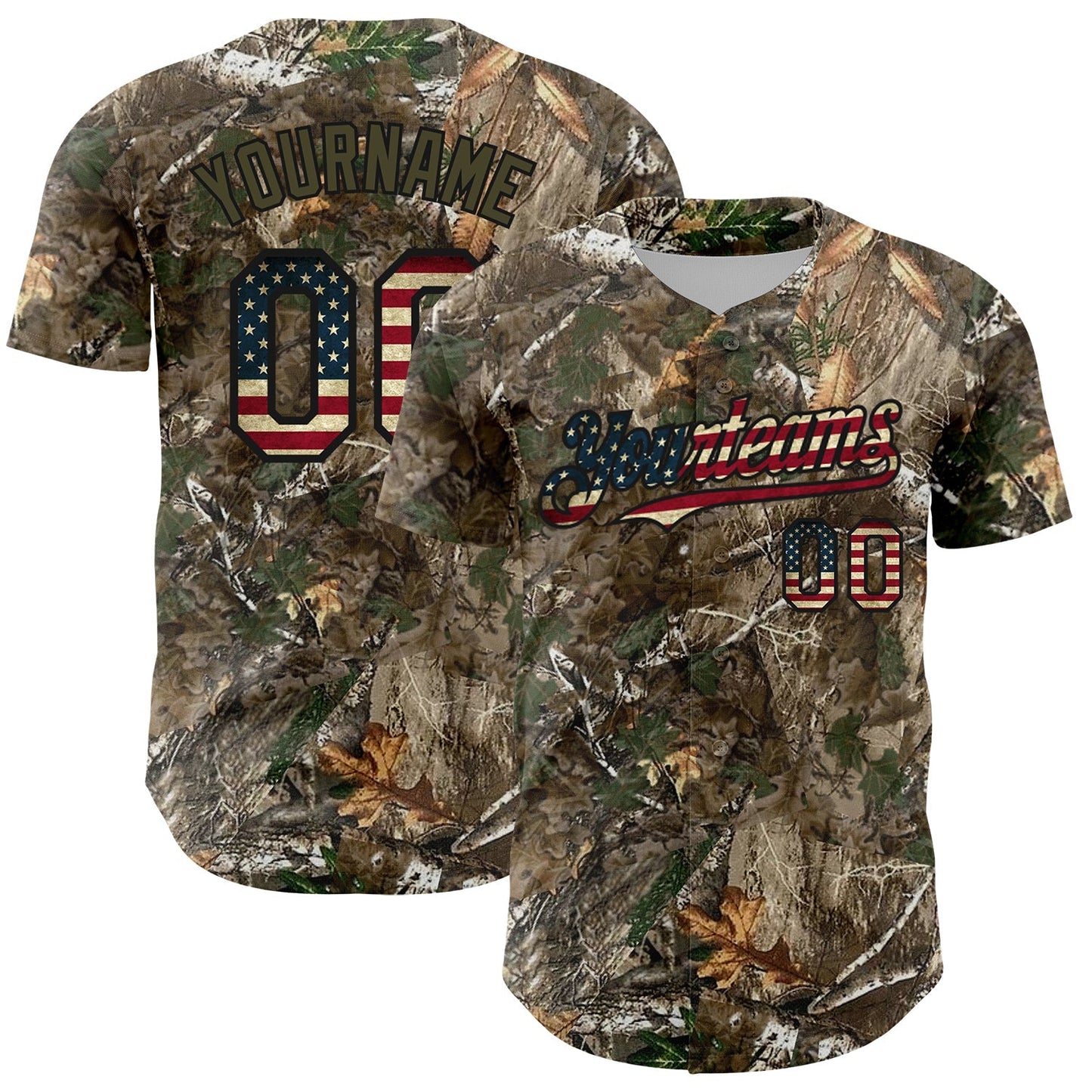 Custom Camo Vintage USA Flag Olive-Black Woodland Forest Camouflage Authentic Salute To Service Baseball Jersey baseball jersey product view 1