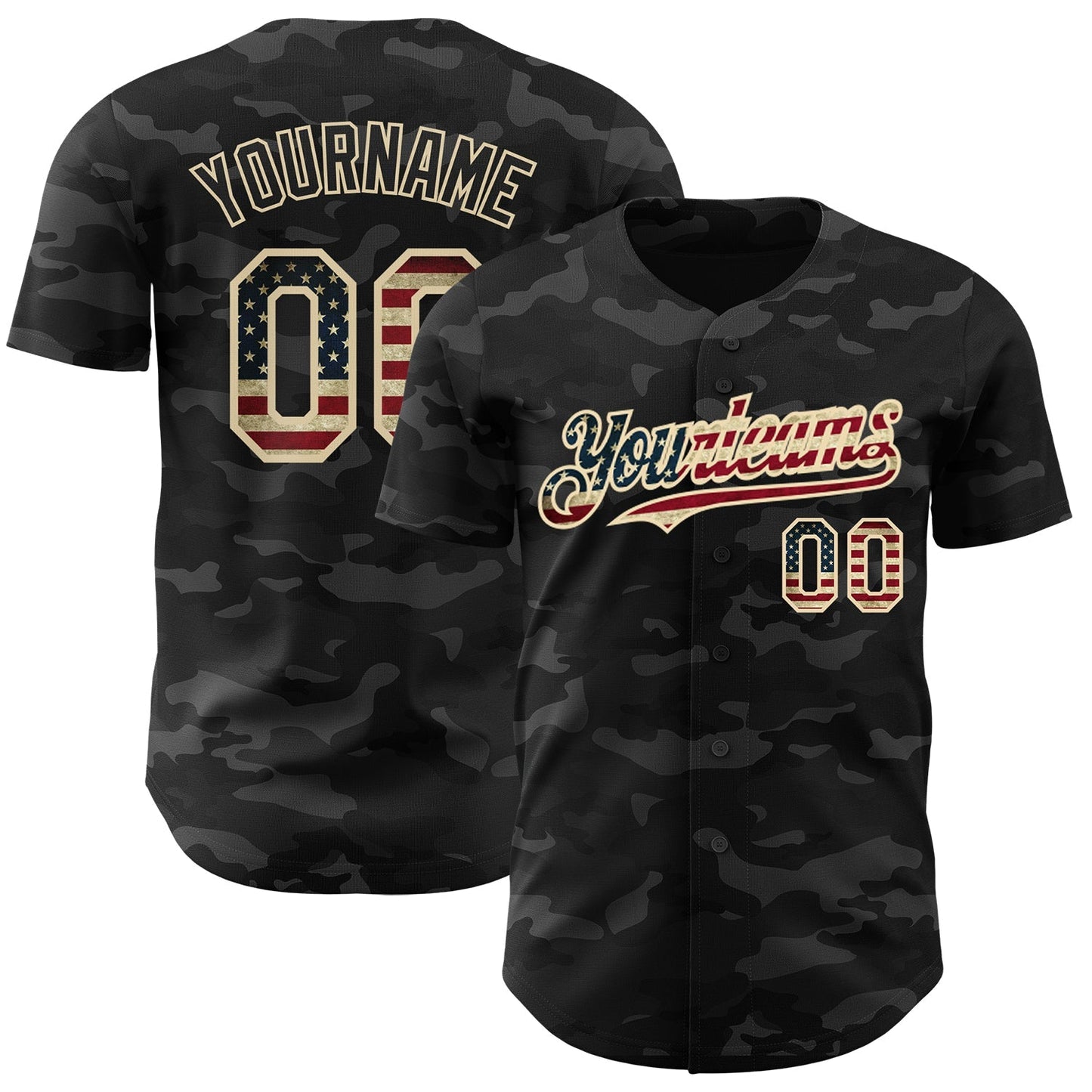 Custom Camo Vintage USA Flag Black-Cream Dark Camouflage Tactical Style Authentic Salute To Service Baseball Jersey baseball jersey product view 1