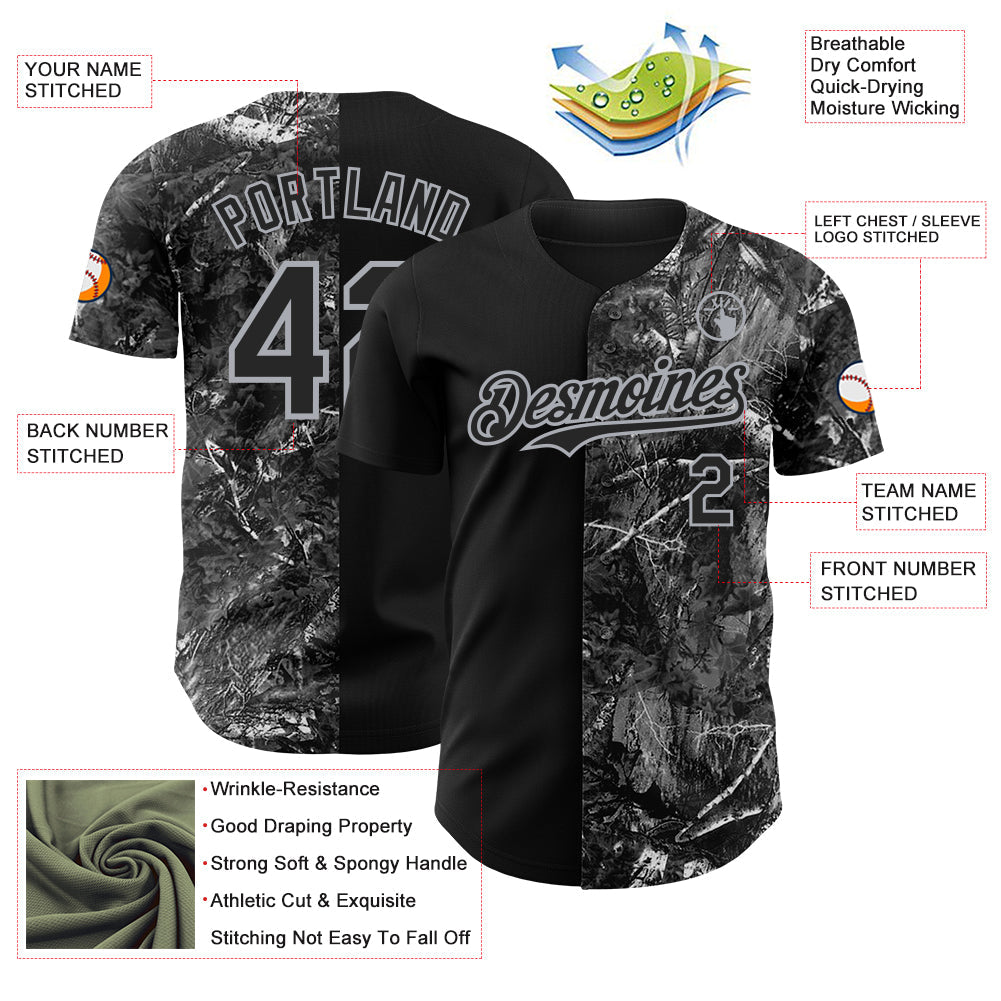 Custom Camo Black-Gray Woodland Forest Camouflage Split Authentic Salute To Service Baseball Jersey baseball jersey product view 3
