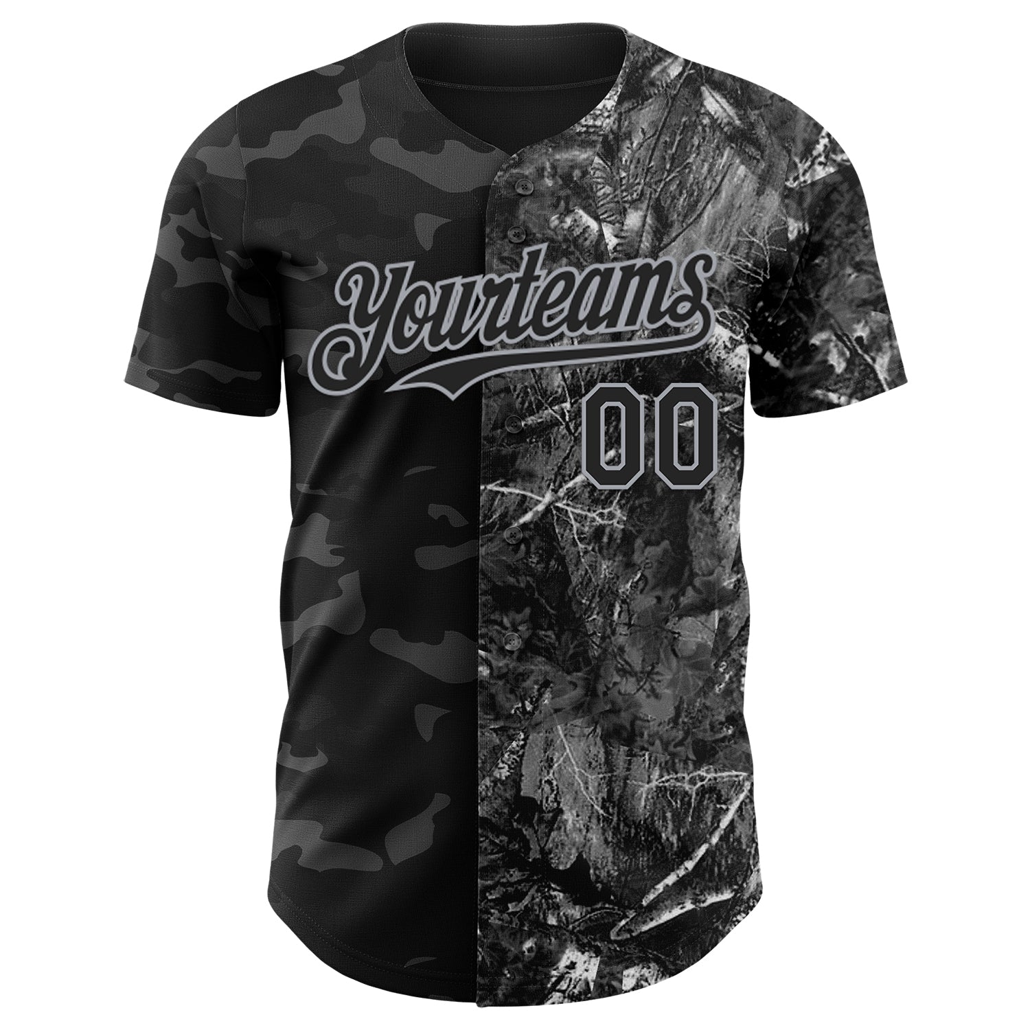 Custom Camo Black-Gray Woodland Forest Split Dark Camouflage Authentic Salute To Service Baseball Jersey baseball jersey product view 2