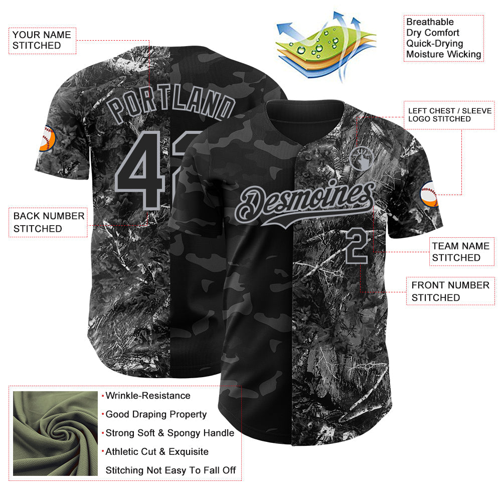 Custom Camo Black-Gray Woodland Forest Split Dark Camouflage Authentic Salute To Service Baseball Jersey baseball jersey product view 3