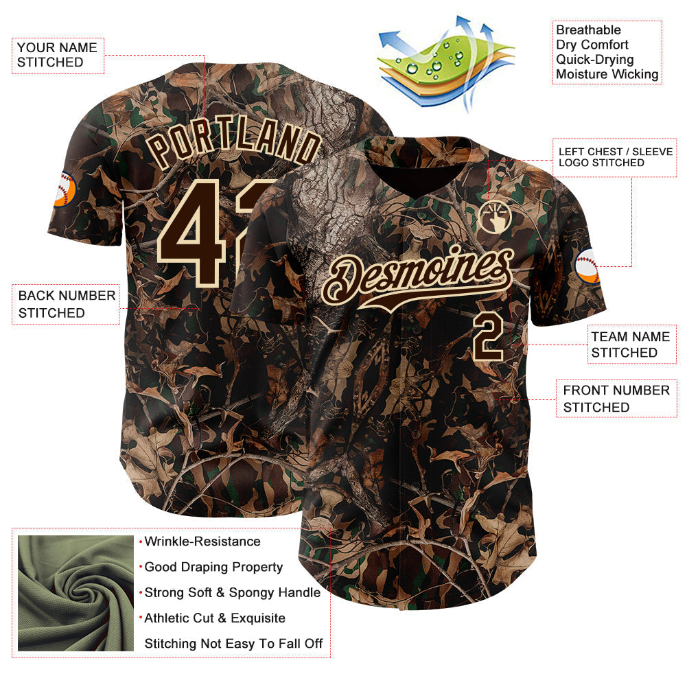 Custom Camo Brown-Cream Woodland Forest Camouflage Authentic Salute To Service Baseball Jersey baseball jersey product view 3