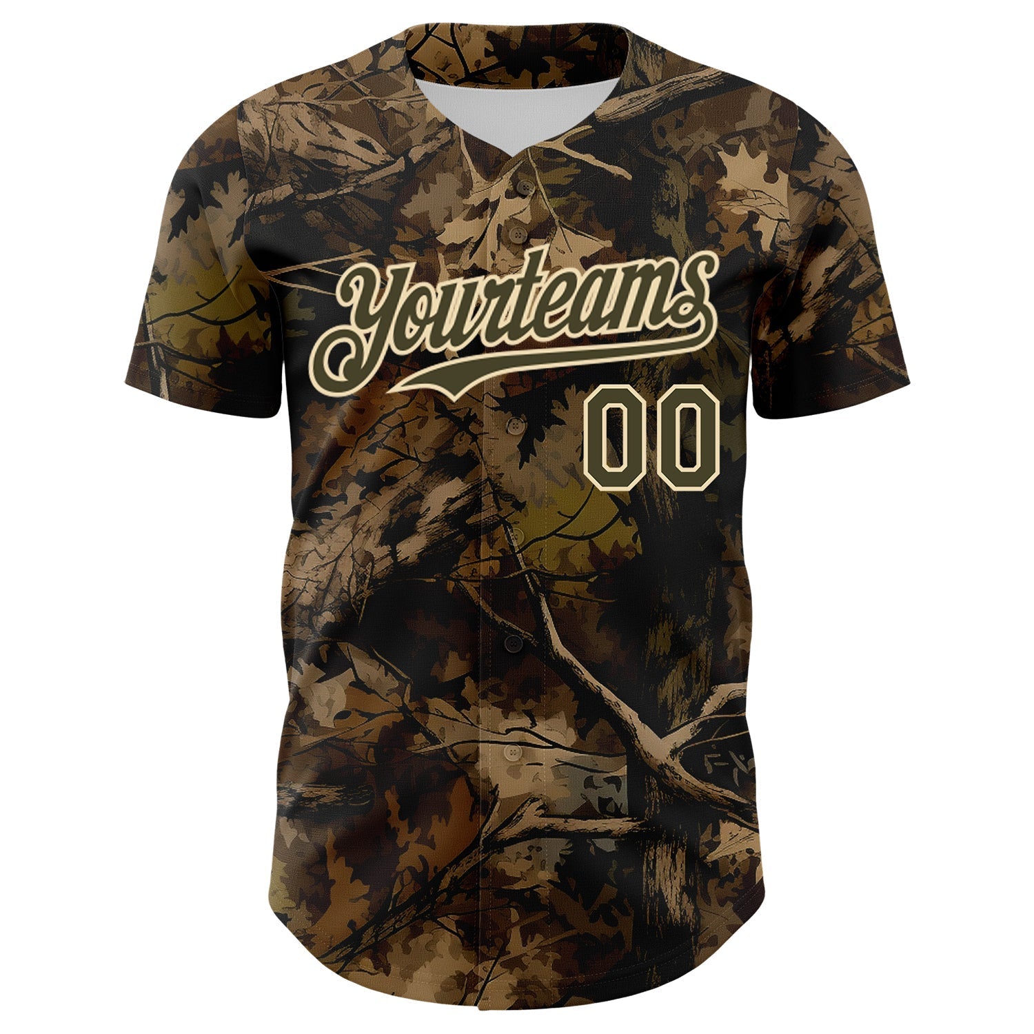 Custom Camo Olive-Cream Woodland Forest Tactical Camouflage Outdoor Leaf Authentic Baseball Jersey baseball jersey product view 2
