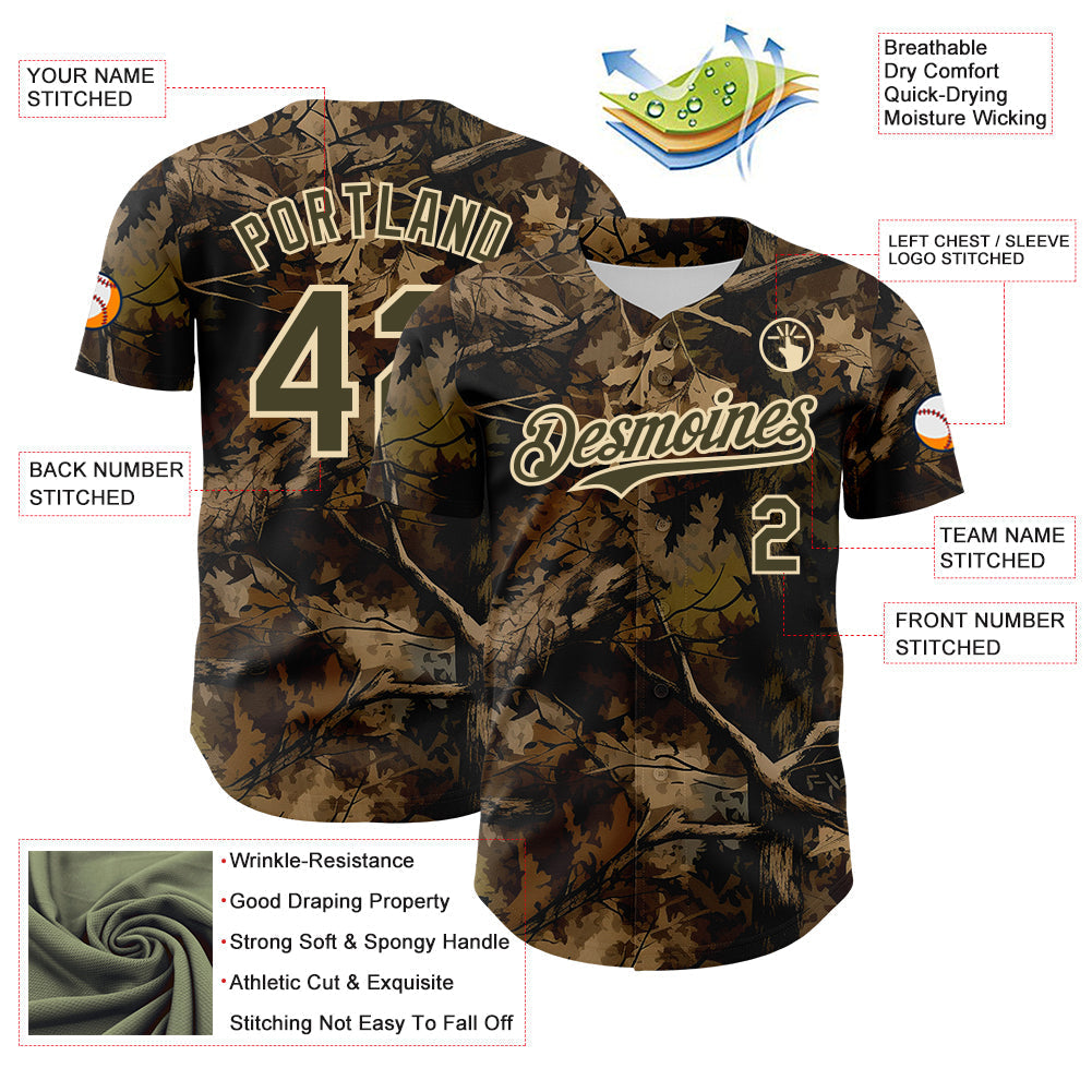 Custom Camo Olive-Cream Woodland Forest Tactical Camouflage Outdoor Leaf Authentic Baseball Jersey baseball jersey product view 3