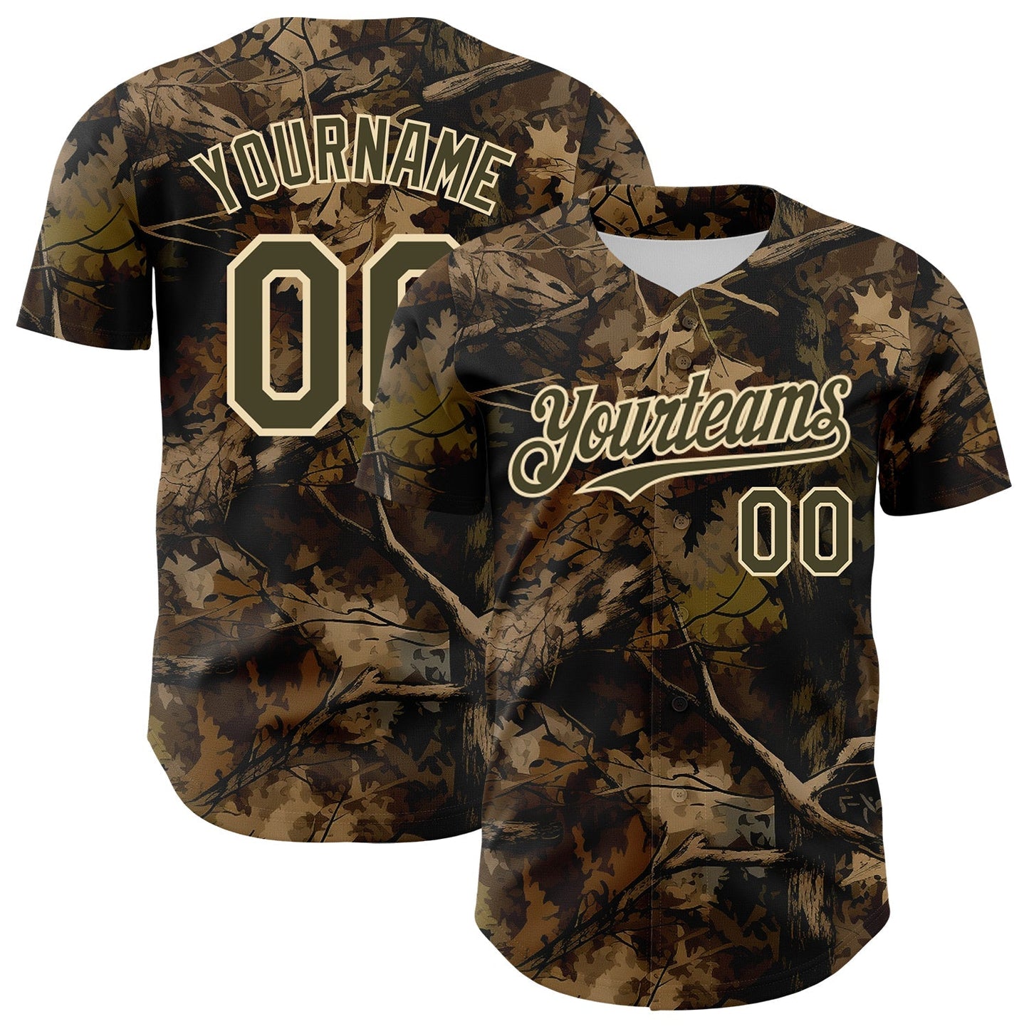 Custom Camo Olive-Cream Woodland Forest Tactical Camouflage Outdoor Leaf Authentic Baseball Jersey baseball jersey product view 1