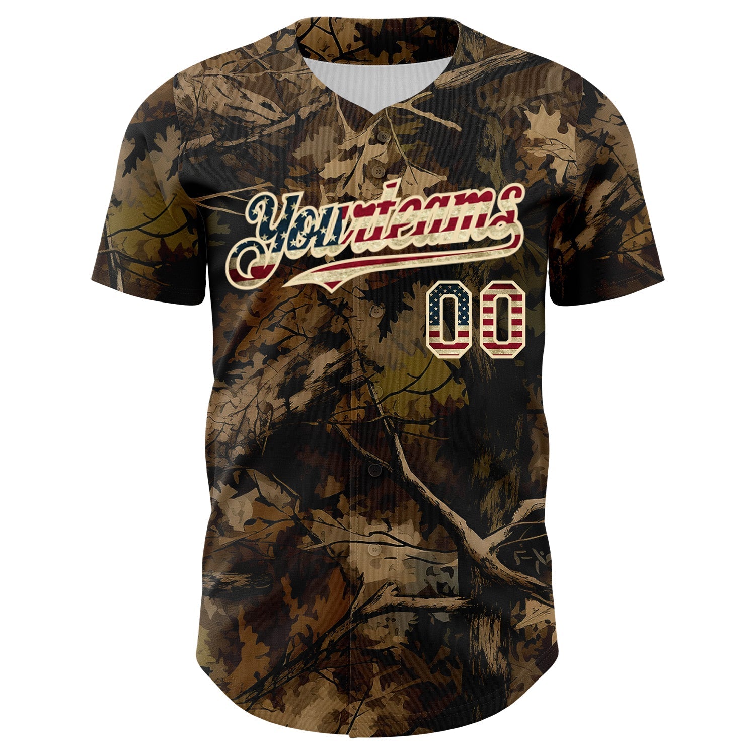 Custom Camo Vintage USA Flag Cream-Black Woodland Forest Tactical Camouflage Outdoor Leaf Authentic Baseball Jersey baseball jersey product view 2