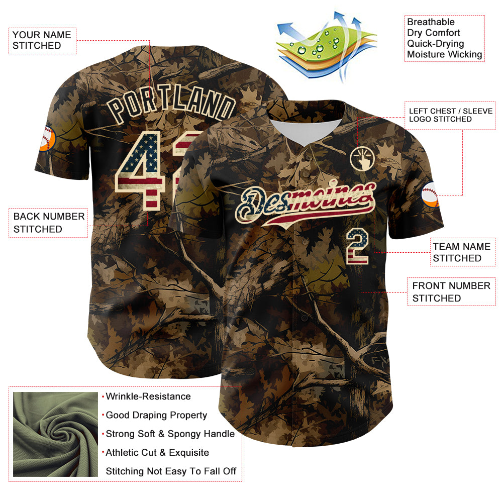 Custom Camo Vintage USA Flag Cream-Black Woodland Forest Tactical Camouflage Outdoor Leaf Authentic Baseball Jersey baseball jersey product view 3