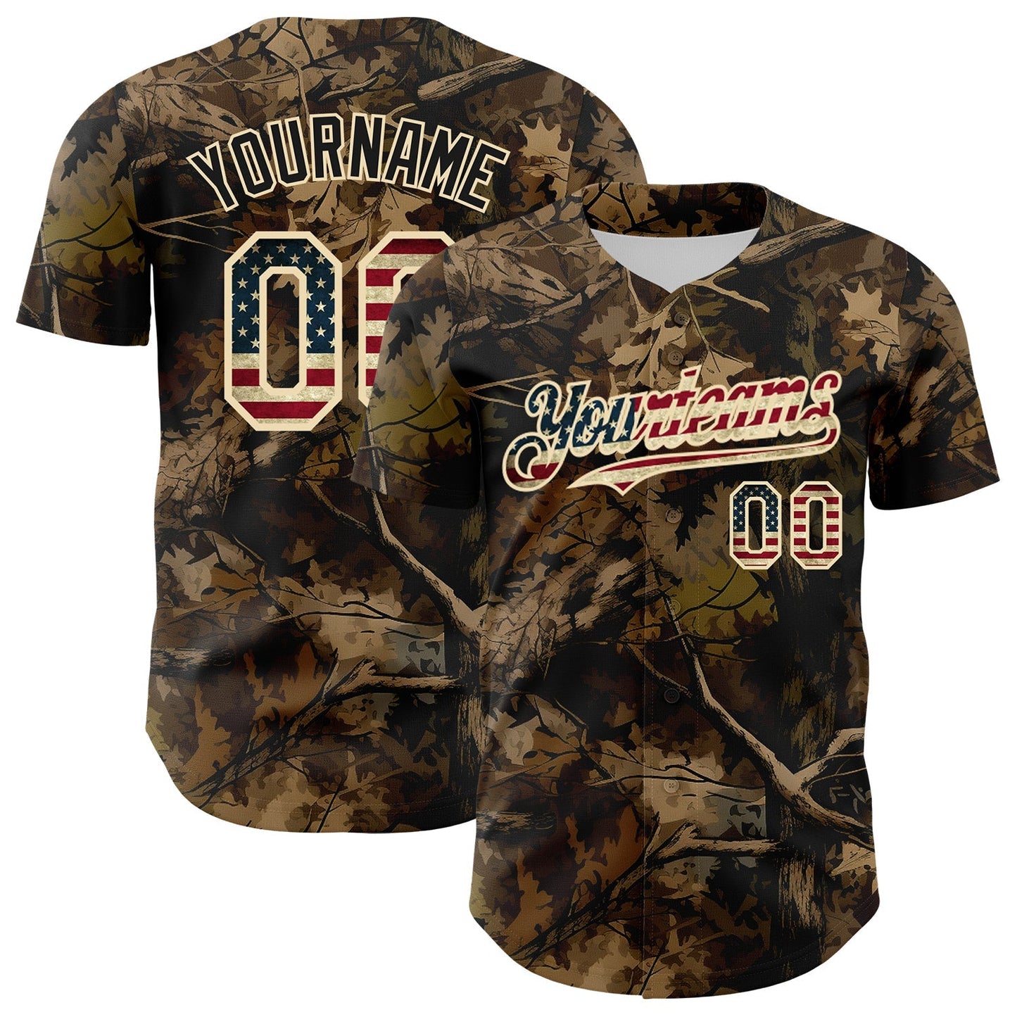Custom Camo Vintage USA Flag Cream-Black Woodland Forest Tactical Camouflage Outdoor Leaf Authentic Baseball Jersey baseball jersey product view 1
