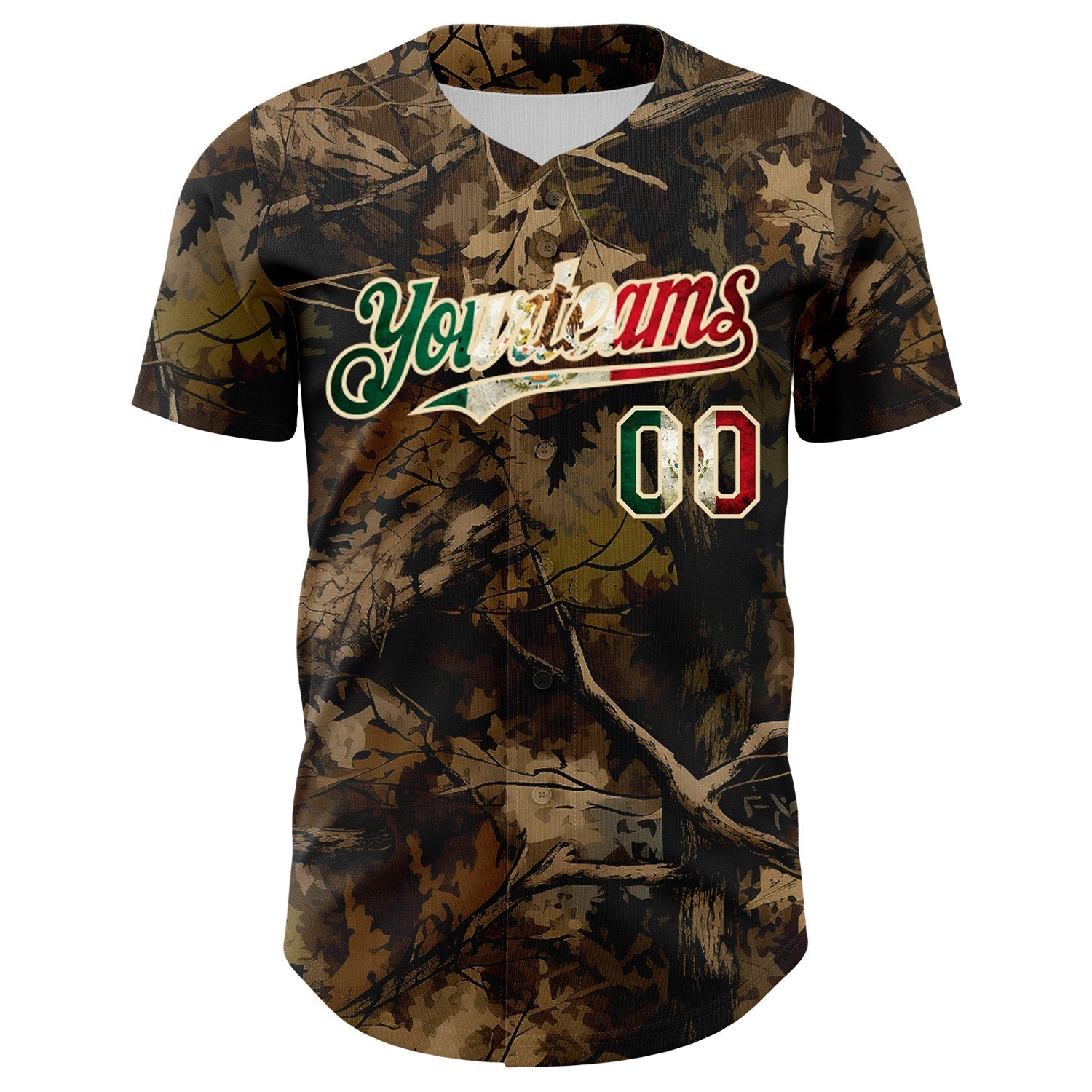 Custom Camo Vintage Mexican Flag Cream-Red Woodland Forest Tactical Camouflage Outdoor Leaf Authentic Baseball Jersey baseball jersey product view 2