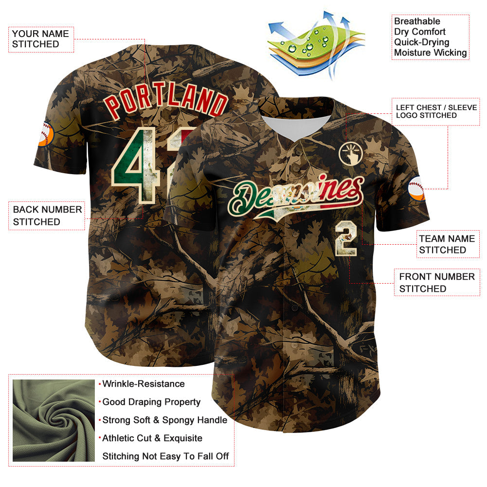 Custom Camo Vintage Mexican Flag Cream-Red Woodland Forest Tactical Camouflage Outdoor Leaf Authentic Baseball Jersey baseball jersey product view 3