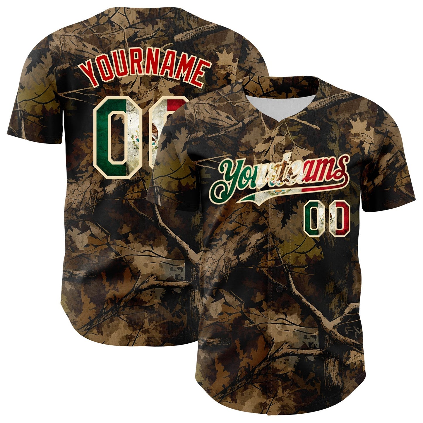 Custom Camo Vintage Mexican Flag Cream-Red Woodland Forest Tactical Camouflage Outdoor Leaf Authentic Baseball Jersey baseball jersey product view 1