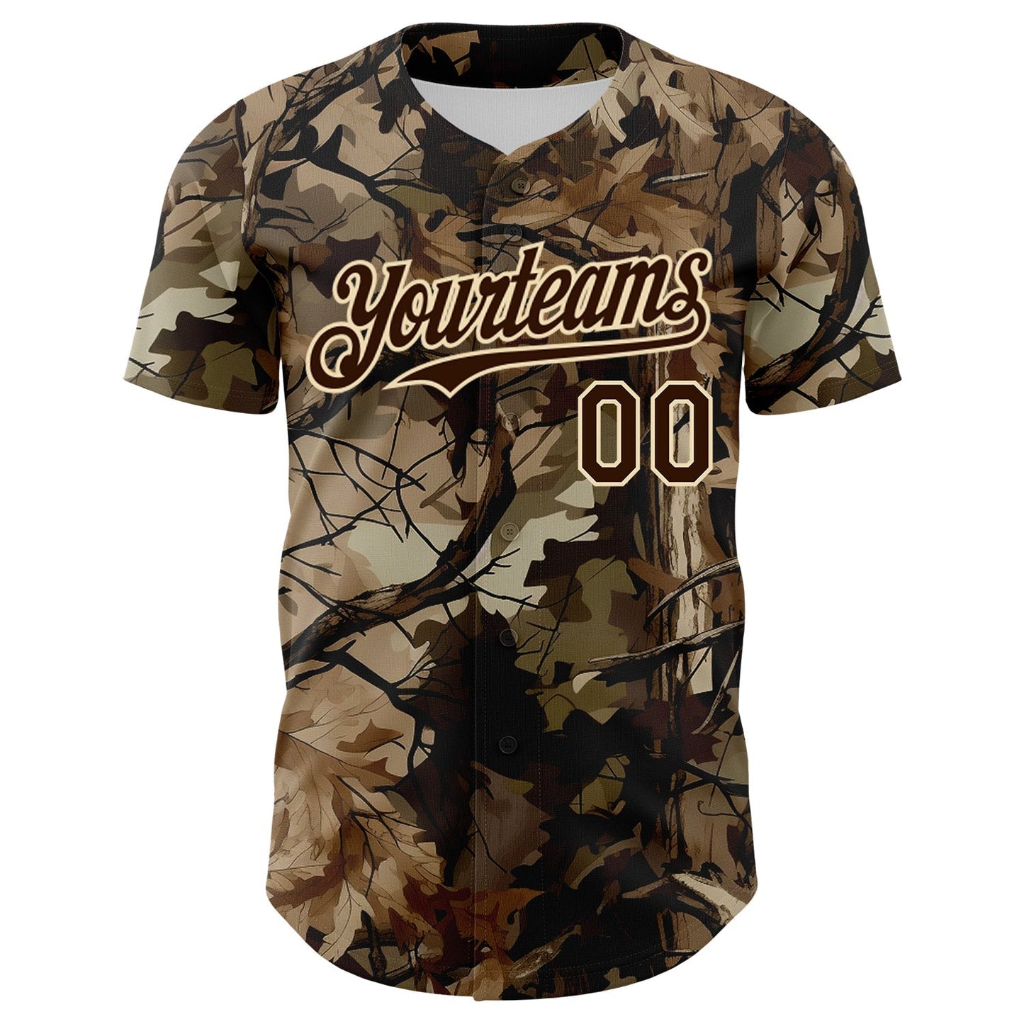 Custom Camo Brown-Cream Woodland Forest Tactical Camouflage Outdoor Leaf Authentic Baseball Jersey baseball jersey product view 2