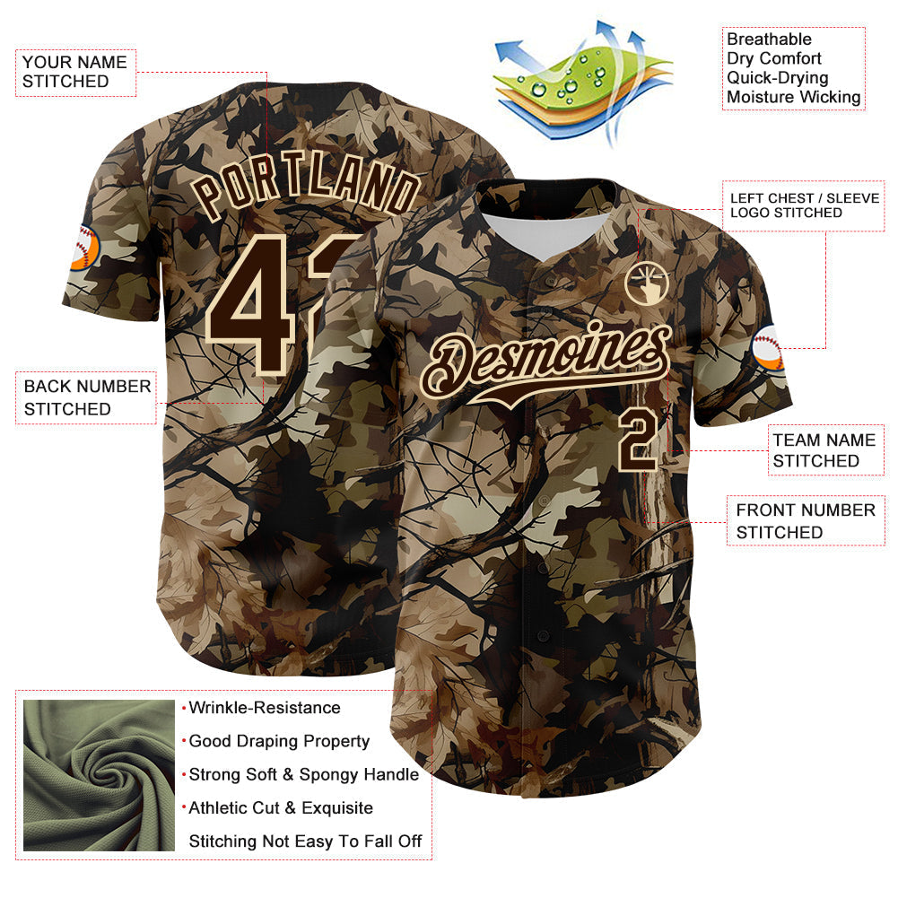Custom Camo Brown-Cream Woodland Forest Tactical Camouflage Outdoor Leaf Authentic Baseball Jersey baseball jersey product view 3