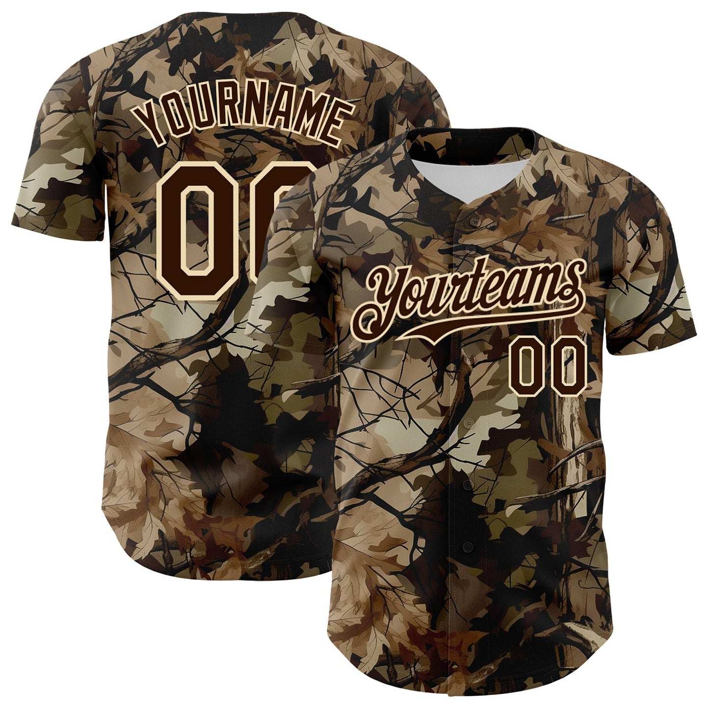 Custom Camo Brown-Cream Woodland Forest Tactical Camouflage Outdoor Leaf Authentic Baseball Jersey baseball jersey product view 1