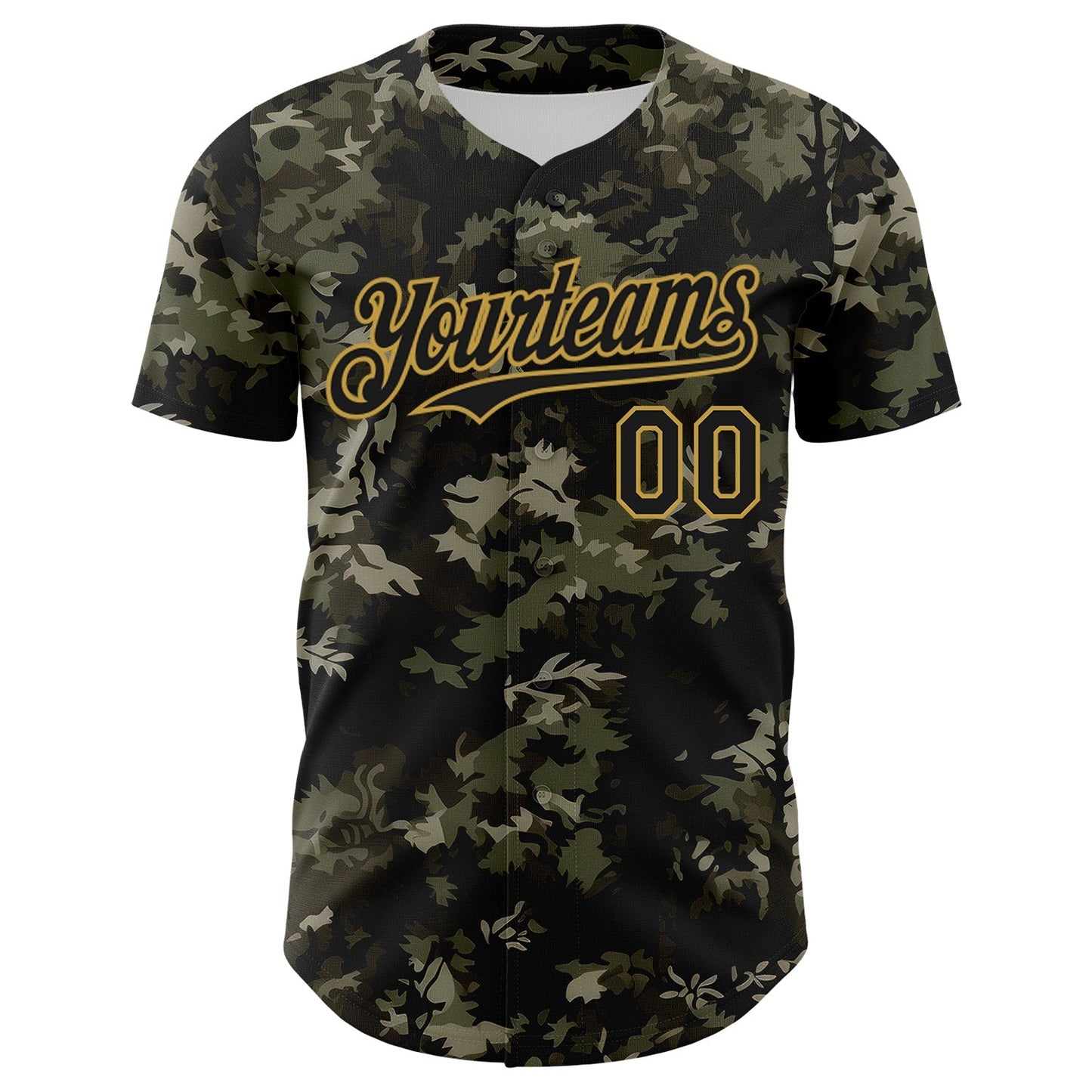 Custom Camo Black-Old Gold Woodland Forest Tactical Camouflage Outdoor Leaf Authentic Baseball Jersey baseball jersey product view 2
