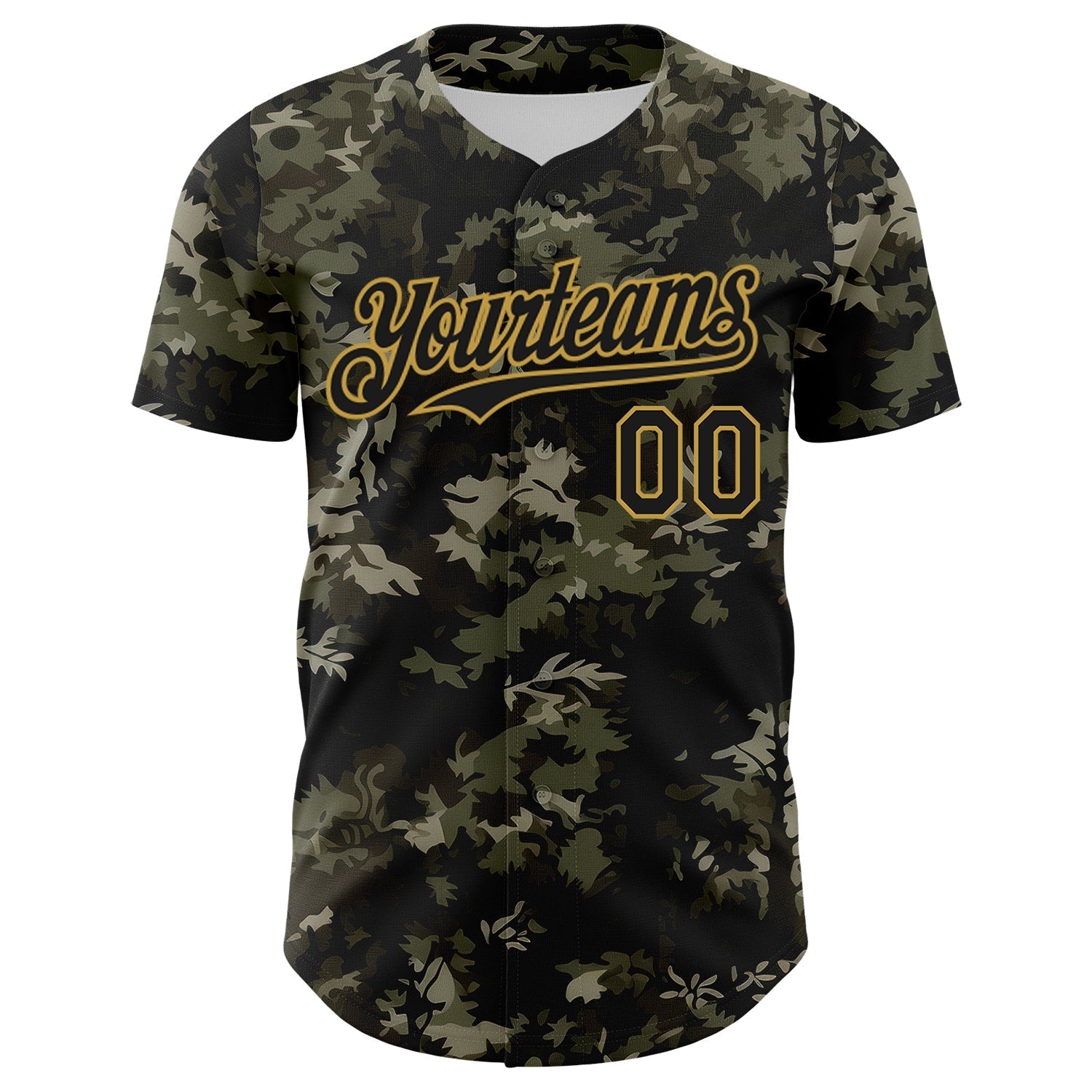 Custom Camo Black-Old Gold Woodland Forest Tactical Camouflage Outdoor Leaf Authentic Baseball Jersey baseball jersey product view 2