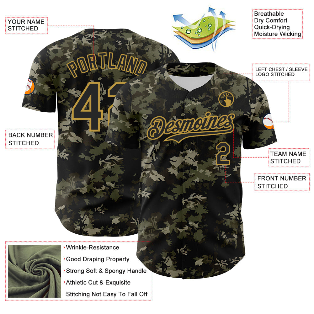 Custom Camo Black-Old Gold Woodland Forest Tactical Camouflage Outdoor Leaf Authentic Baseball Jersey baseball jersey product view 3