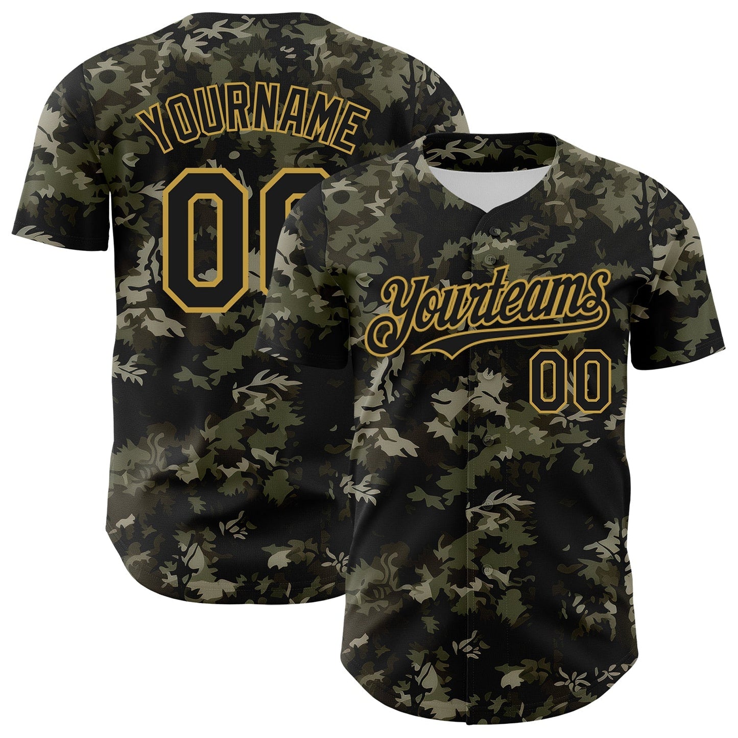 Custom Camo Black-Old Gold Woodland Forest Tactical Camouflage Outdoor Leaf Authentic Baseball Jersey baseball jersey product view 1