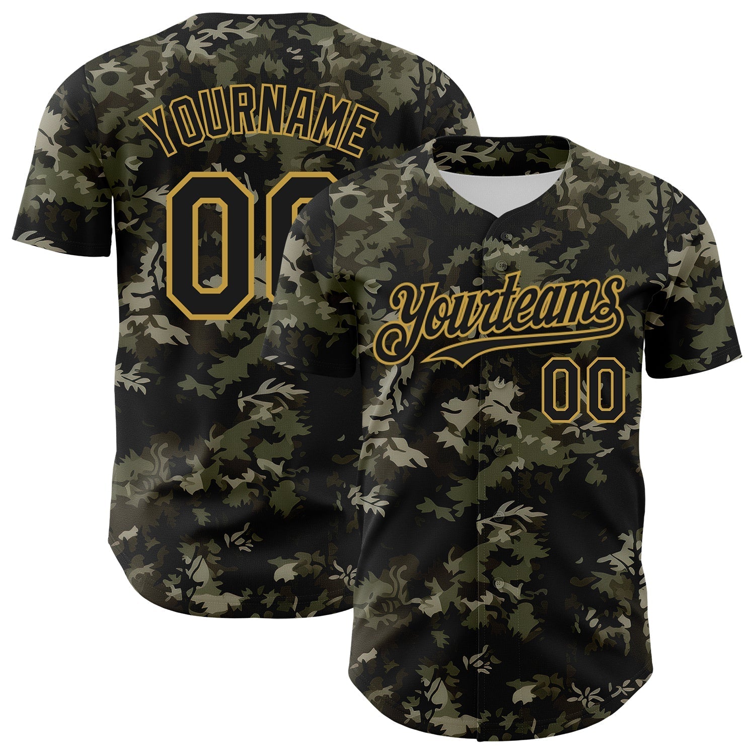 Custom Camo Black-Old Gold Woodland Forest Tactical Camouflage Outdoor Leaf Authentic Baseball Jersey baseball jersey product view 1