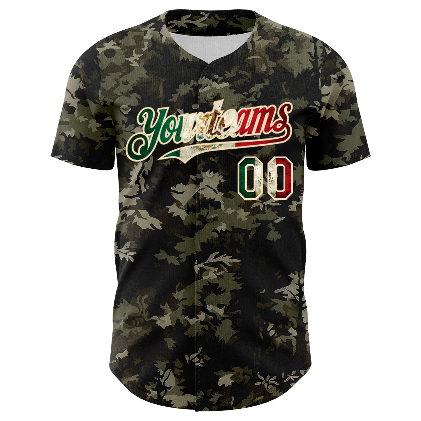 Custom Camo Vintage Mexican Flag Cream-Black Woodland Forest Tactical Camouflage Outdoor Leaf Authentic Baseball Jersey baseball jersey product view 2