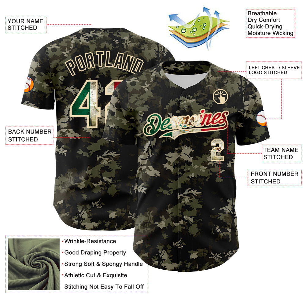 Custom Camo Vintage Mexican Flag Cream-Black Woodland Forest Tactical Camouflage Outdoor Leaf Authentic Baseball Jersey baseball jersey product view 3