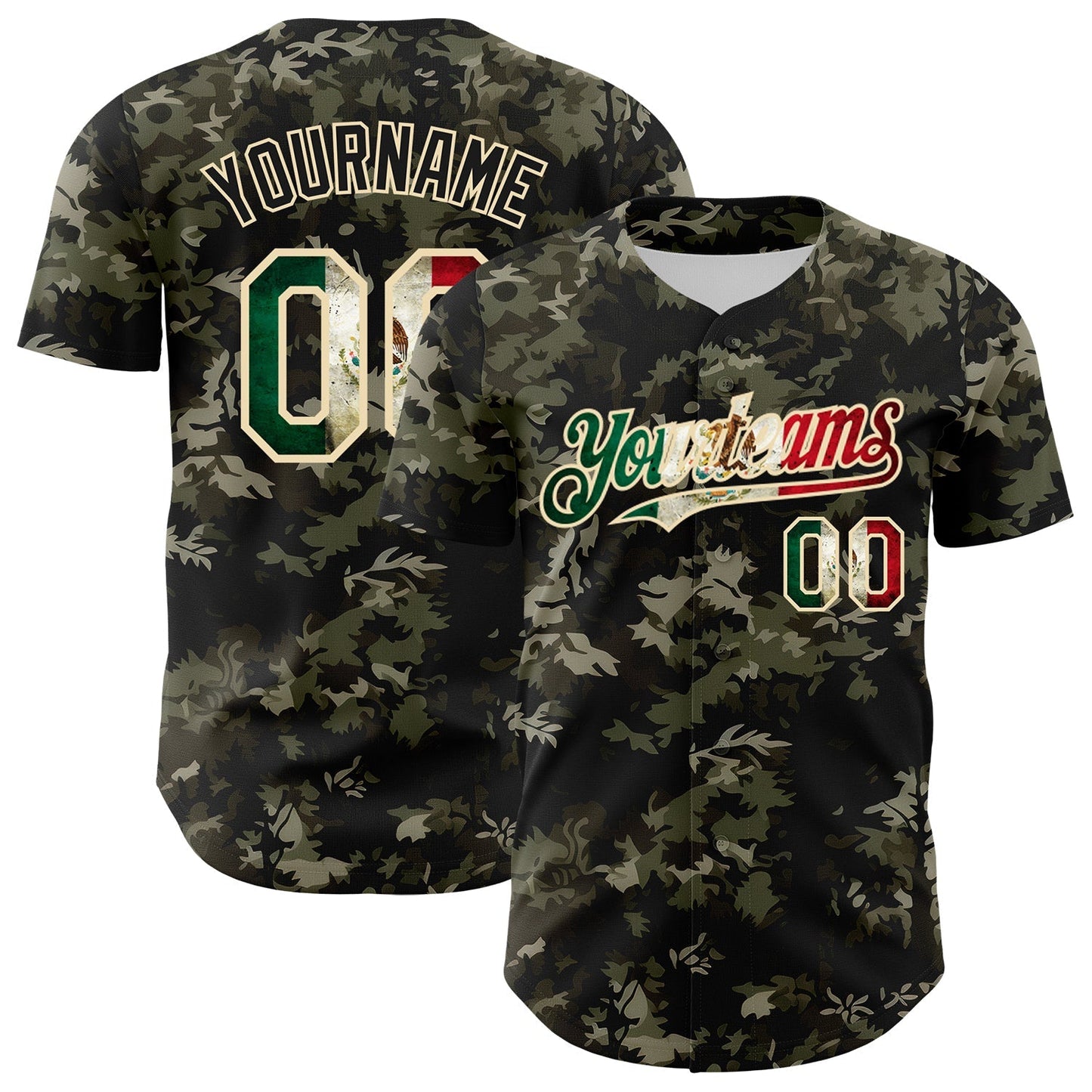 Custom Camo Vintage Mexican Flag Cream-Black Woodland Forest Tactical Camouflage Outdoor Leaf Authentic Baseball Jersey baseball jersey product view 1
