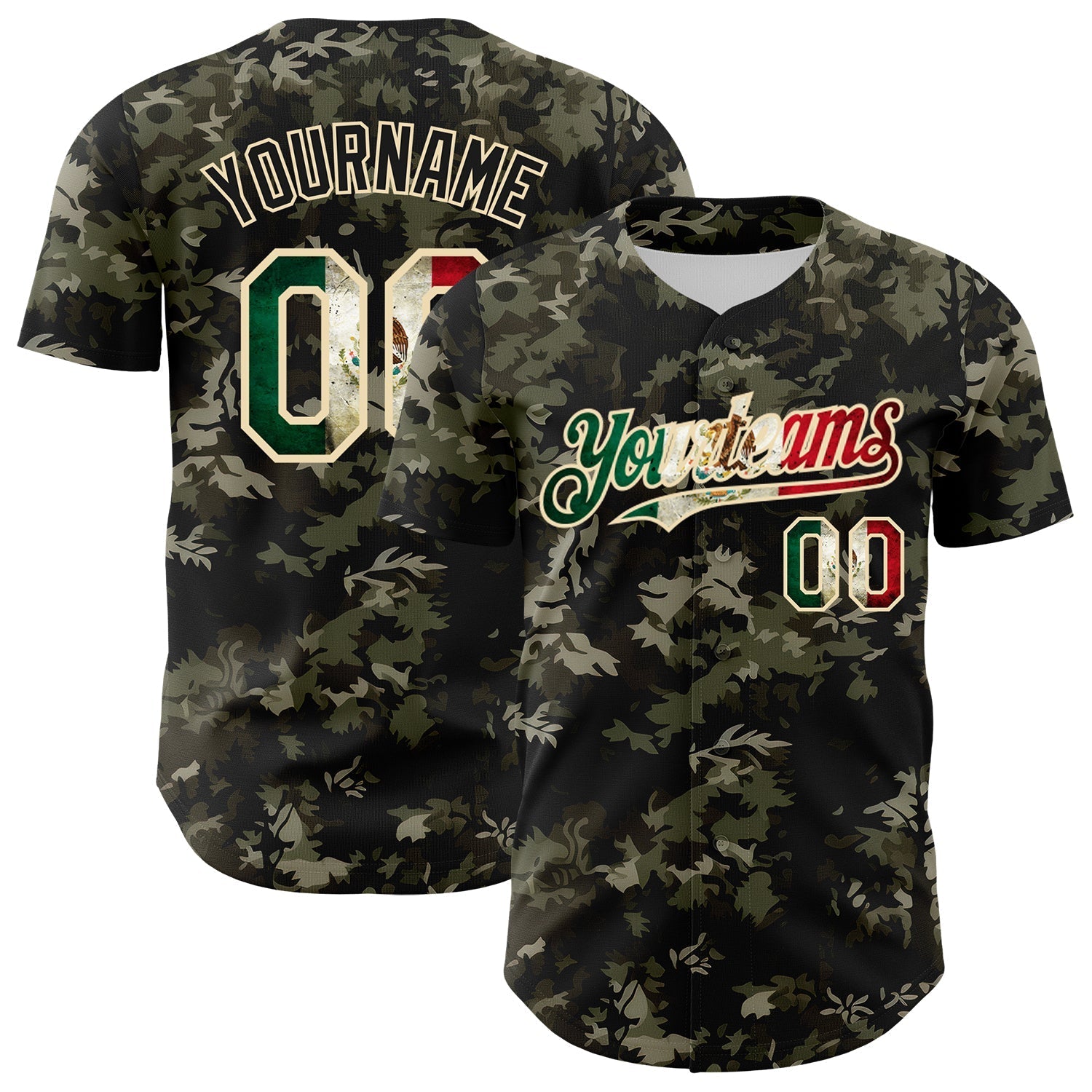 Custom Camo Vintage Mexican Flag Cream-Black Woodland Forest Tactical Camouflage Outdoor Leaf Authentic Baseball Jersey baseball jersey product view 1