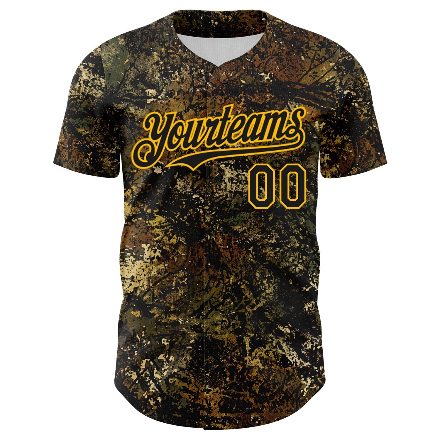 Custom Camo Black-Gold Woodland Forest Tactical Camouflage Outdoor Leaf Authentic Baseball Jersey baseball jersey product view 2