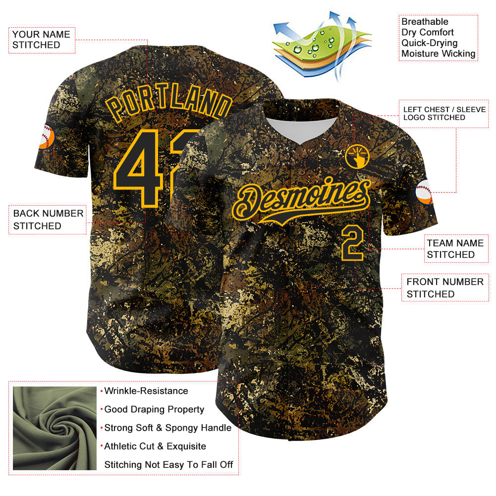 Custom Camo Black-Gold Woodland Forest Tactical Camouflage Outdoor Leaf Authentic Baseball Jersey baseball jersey product view 3
