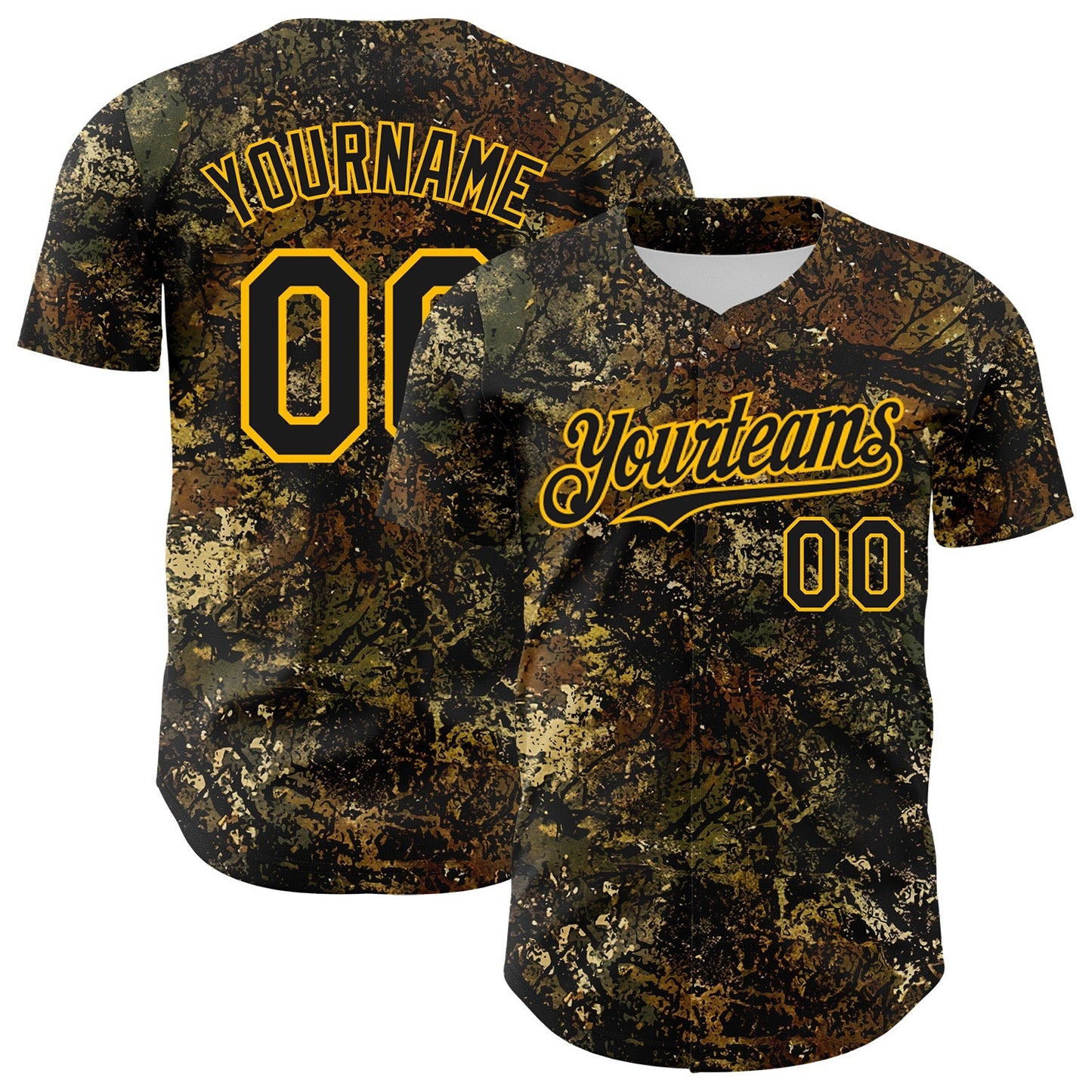 Custom Camo Black-Gold Woodland Forest Tactical Camouflage Outdoor Leaf Authentic Baseball Jersey baseball jersey product view 1