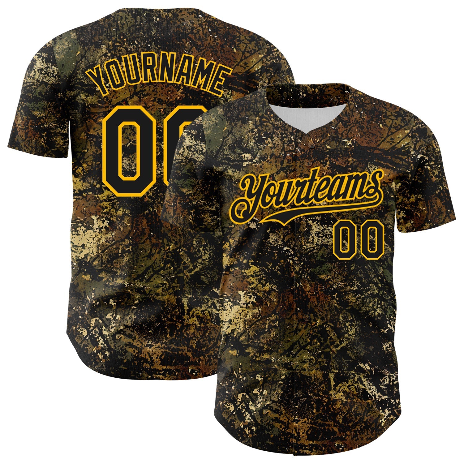 Custom Camo Black-Gold Woodland Forest Tactical Camouflage Outdoor Leaf Authentic Baseball Jersey baseball jersey product view 1