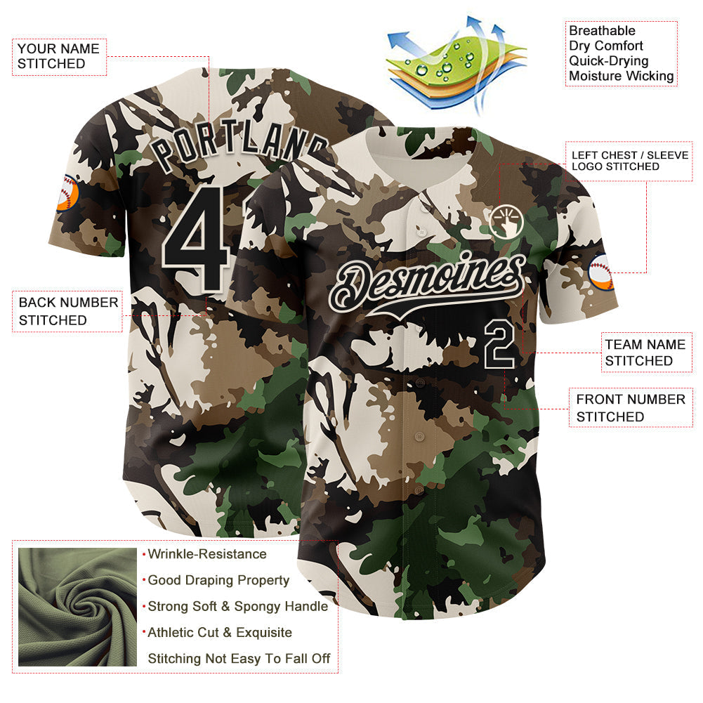 Custom Camo Black-Cream Woodland Forest Tactical Camouflage Outdoor Leaf Authentic Baseball Jersey baseball jersey product view 3