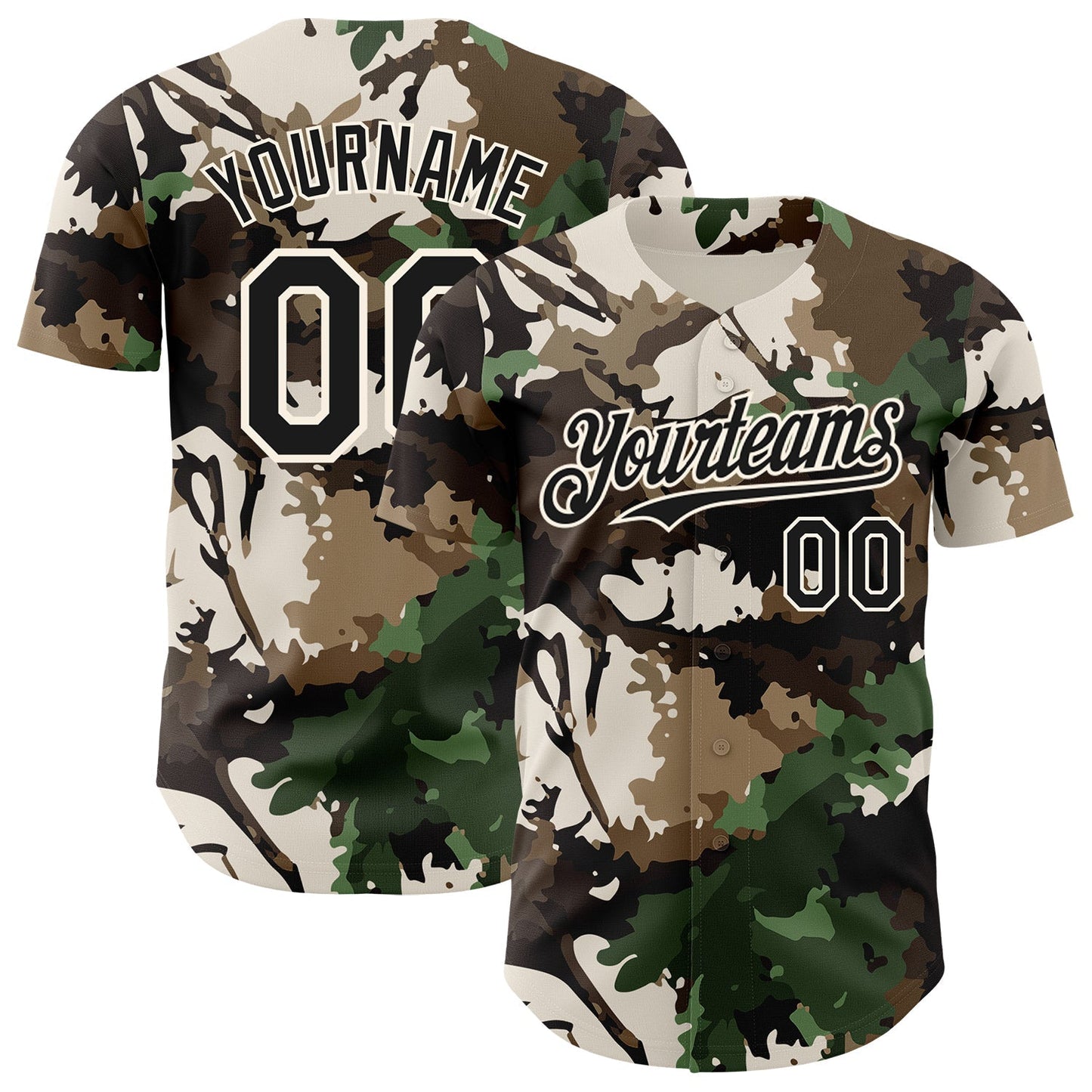 Custom Camo Black-Cream Woodland Forest Tactical Camouflage Outdoor Leaf Authentic Baseball Jersey baseball jersey product view 1