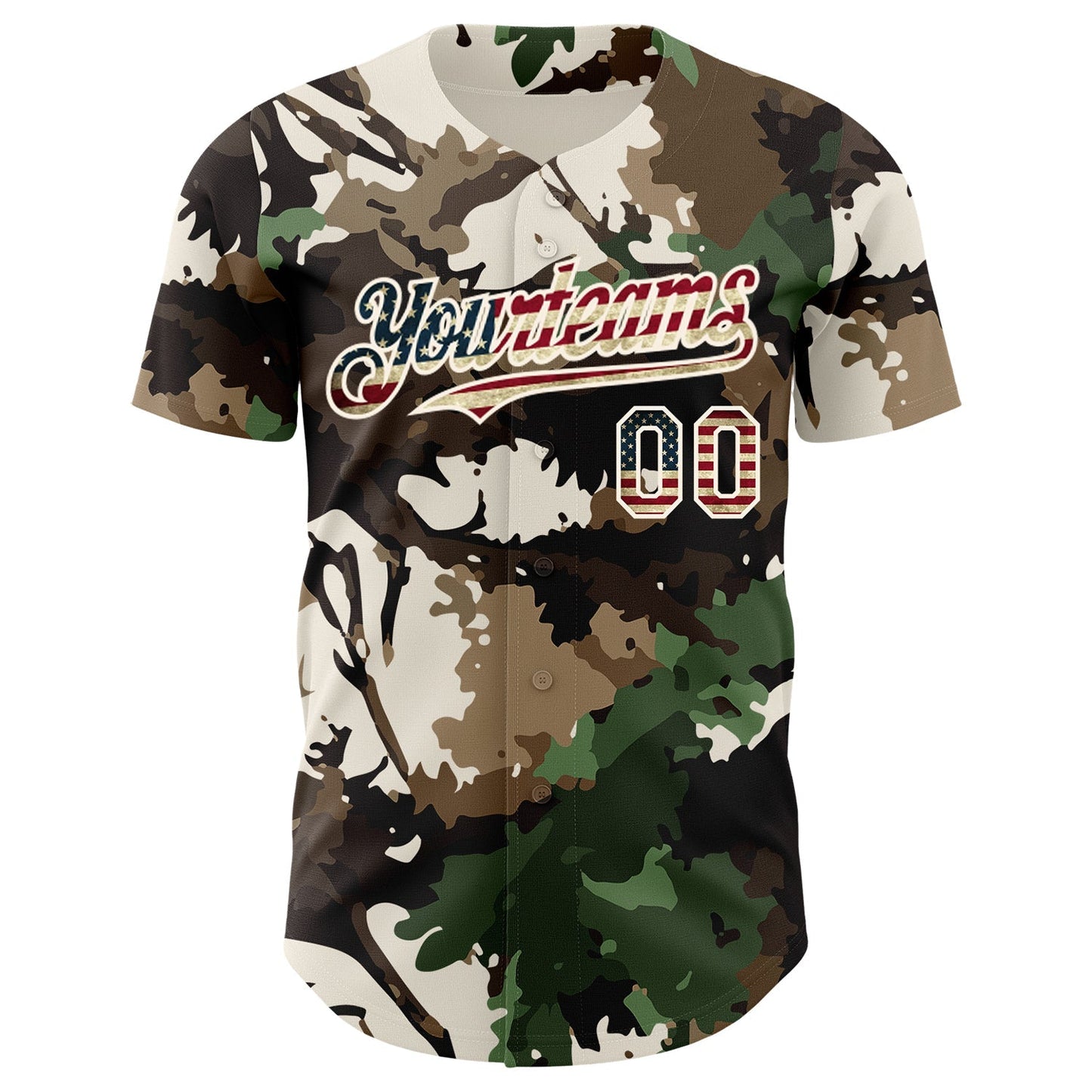 Custom Camo Vintage USA Flag Cream-Brown Woodland Forest Tactical Camouflage Outdoor Leaf Authentic Baseball Jersey baseball jersey product view 2