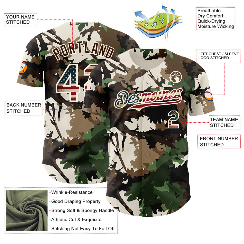 Custom Camo Vintage USA Flag Cream-Brown Woodland Forest Tactical Camouflage Outdoor Leaf Authentic Baseball Jersey baseball jersey product view 3
