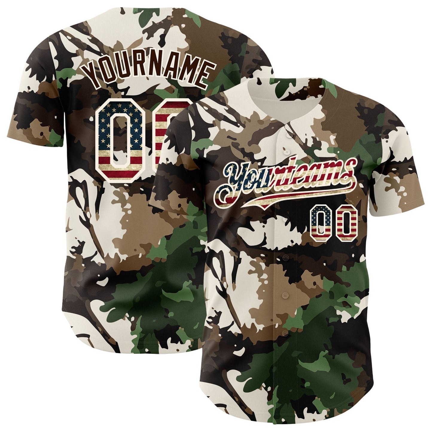 Custom Camo Vintage USA Flag Cream-Brown Woodland Forest Tactical Camouflage Outdoor Leaf Authentic Baseball Jersey baseball jersey product view 1