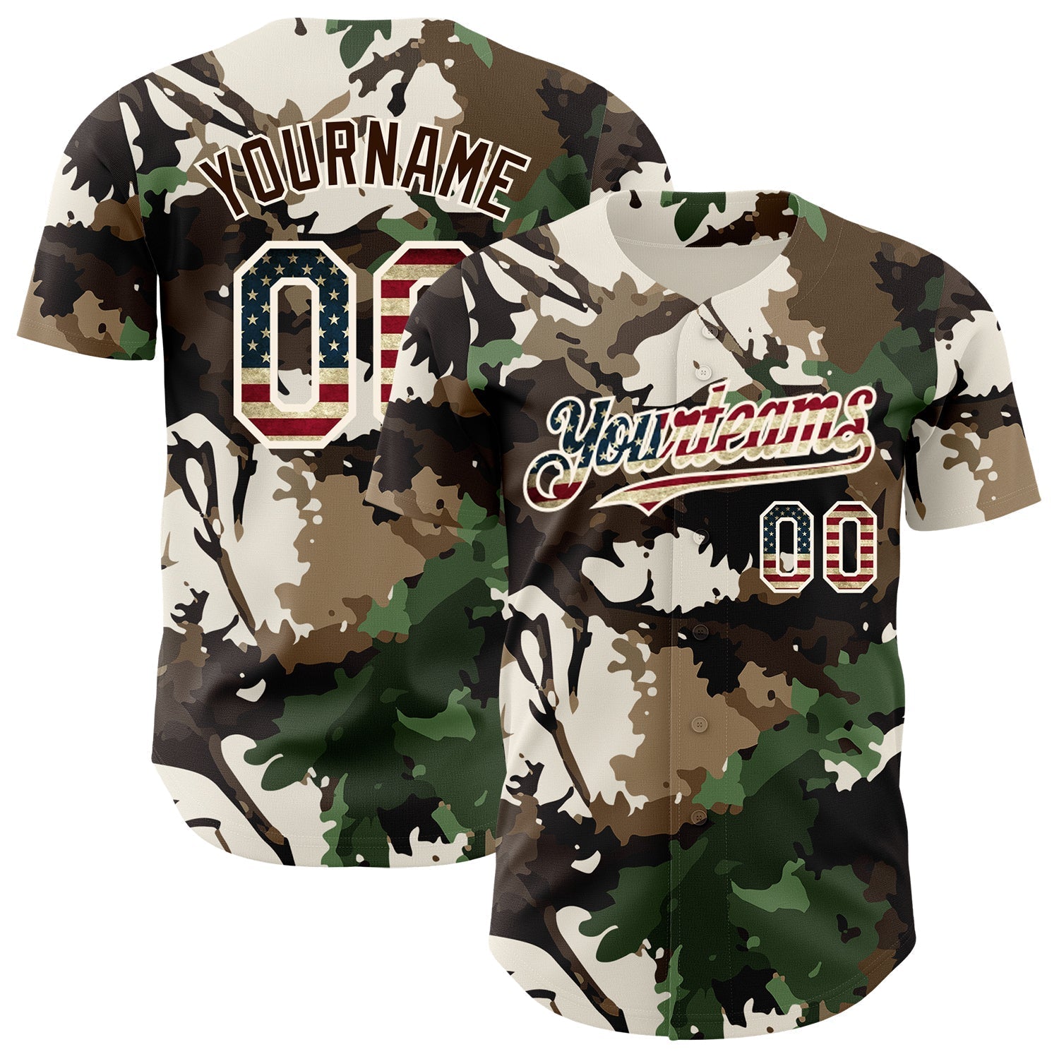Custom Camo Vintage USA Flag Cream-Brown Woodland Forest Tactical Camouflage Outdoor Leaf Authentic Baseball Jersey baseball jersey product view 1