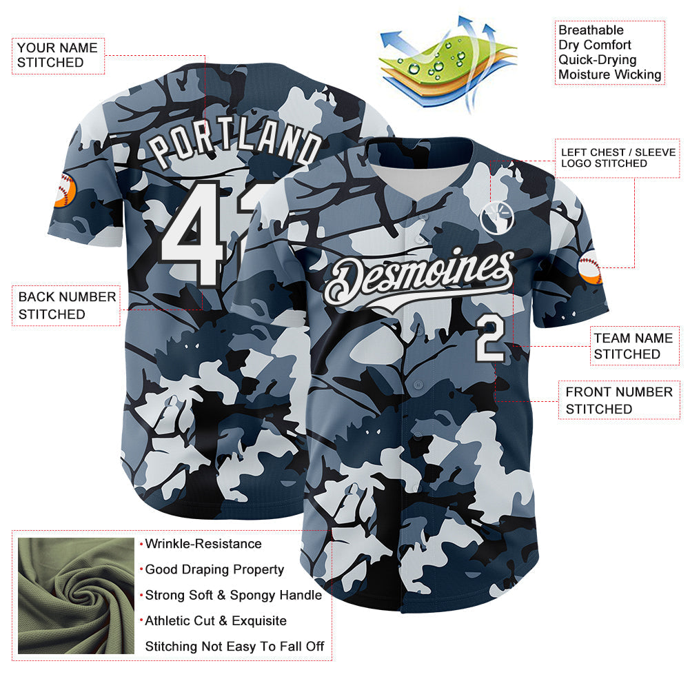 Custom Camo White-Black Woodland Forest Tactical Camouflage Outdoor Leaf Authentic Baseball Jersey baseball jersey product view 3