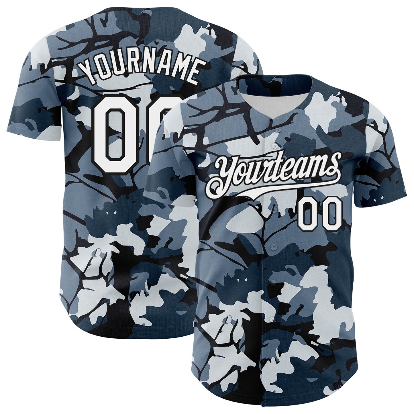 Custom Camo White-Black Woodland Forest Tactical Camouflage Outdoor Leaf Authentic Baseball Jersey baseball jersey product view 1