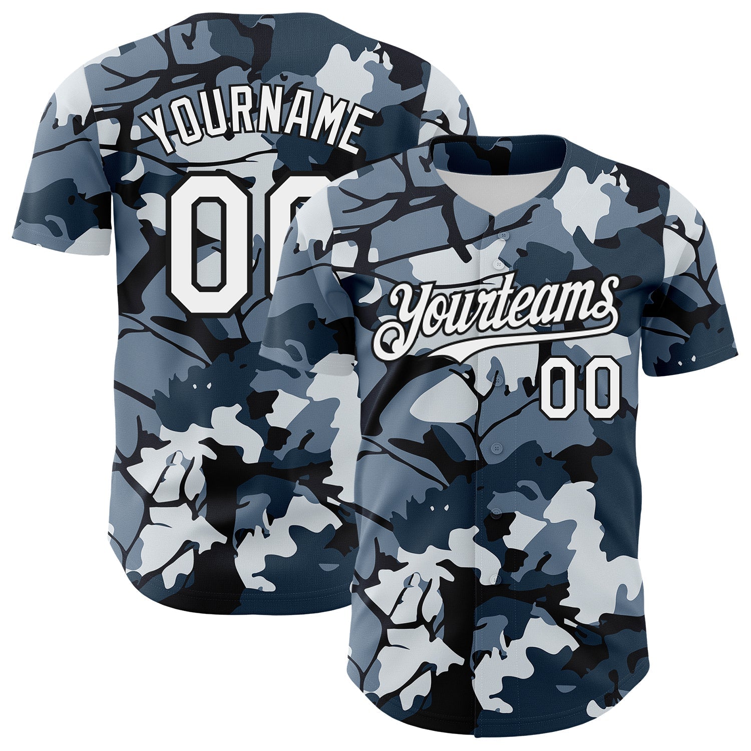 Custom Camo White-Black Woodland Forest Tactical Camouflage Outdoor Leaf Authentic Baseball Jersey baseball jersey product view 1