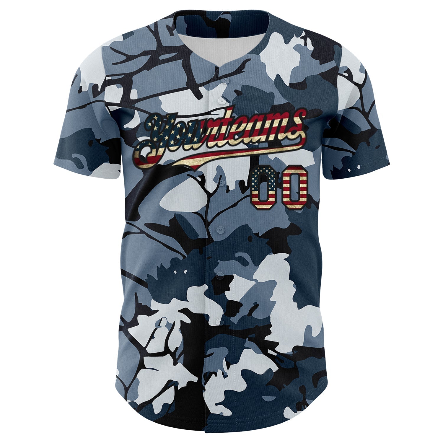 Custom Camo Vintage USA Flag Black-Crimson Woodland Forest Tactical Camouflage Outdoor Leaf Authentic Baseball Jersey baseball jersey product view 2