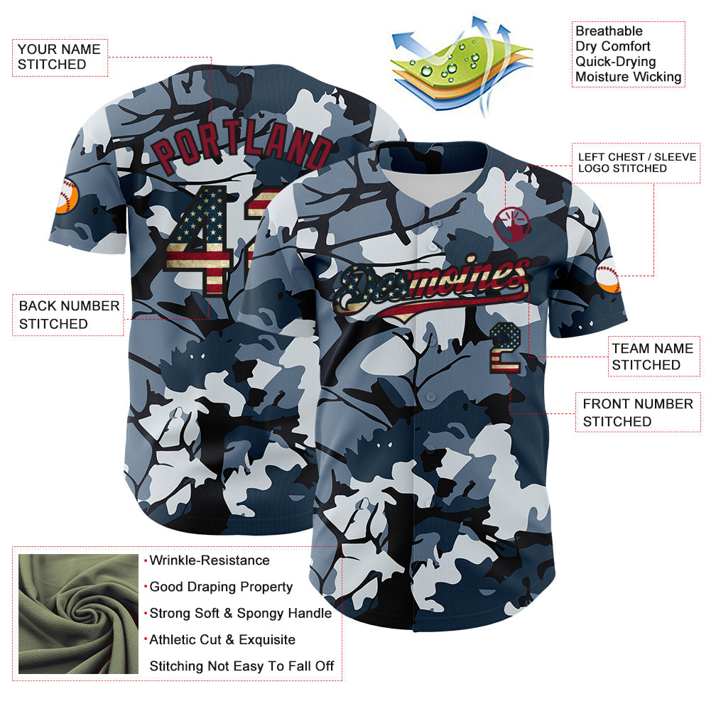 Custom Camo Vintage USA Flag Black-Crimson Woodland Forest Tactical Camouflage Outdoor Leaf Authentic Baseball Jersey baseball jersey product view 3
